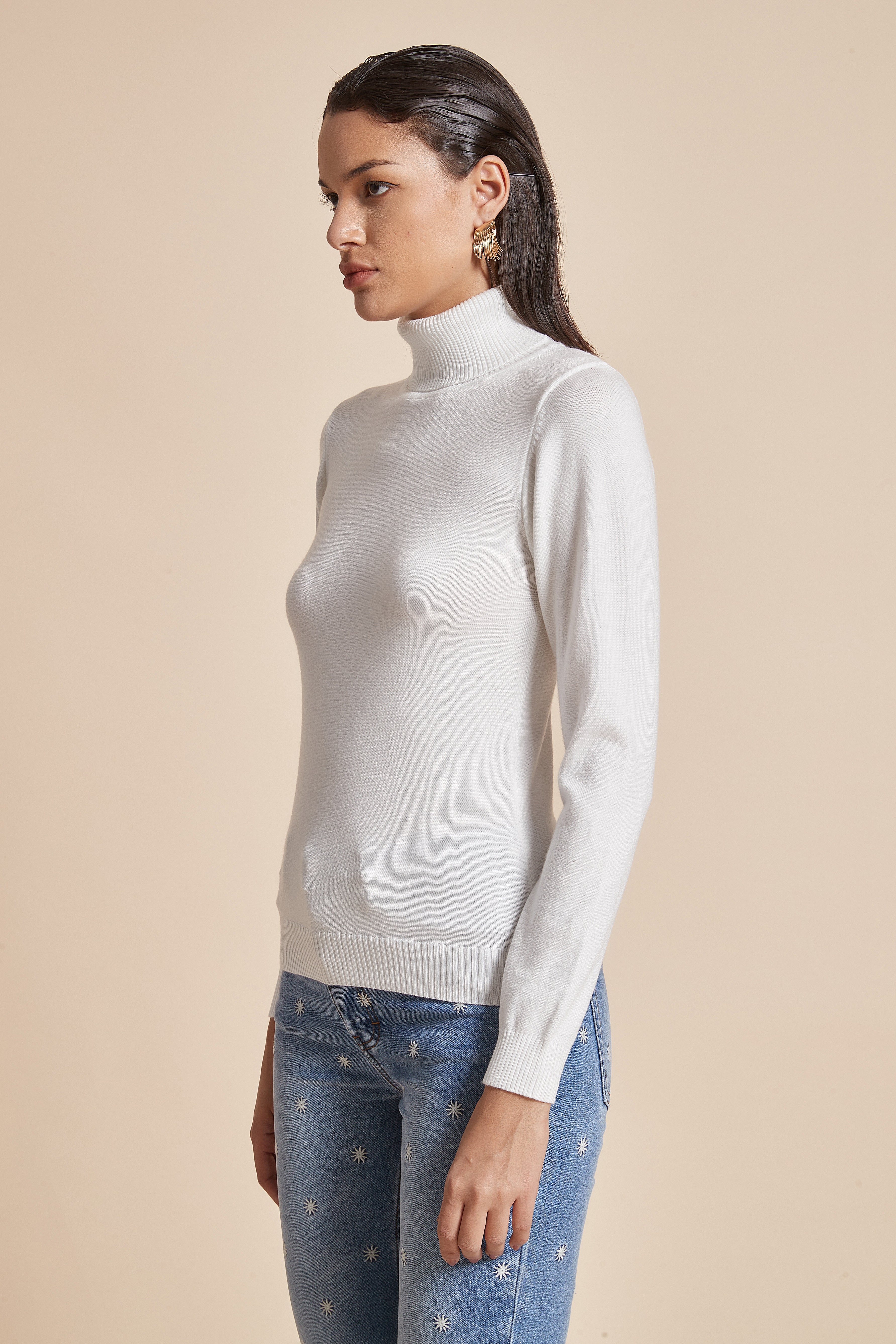 Plain Ribbed High-Neck Blouse With Long Sleeves