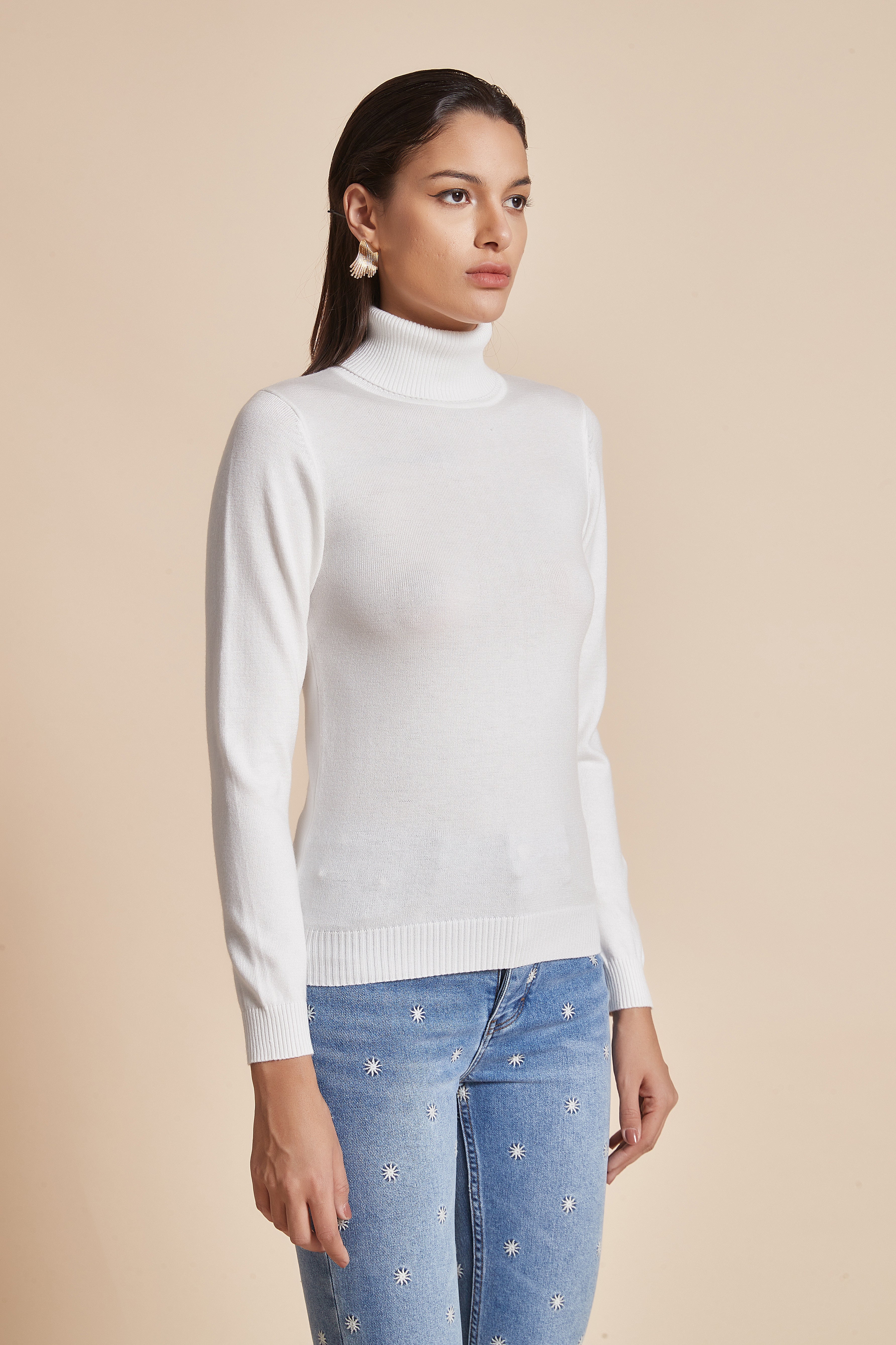 Plain Ribbed High-Neck Blouse With Long Sleeves