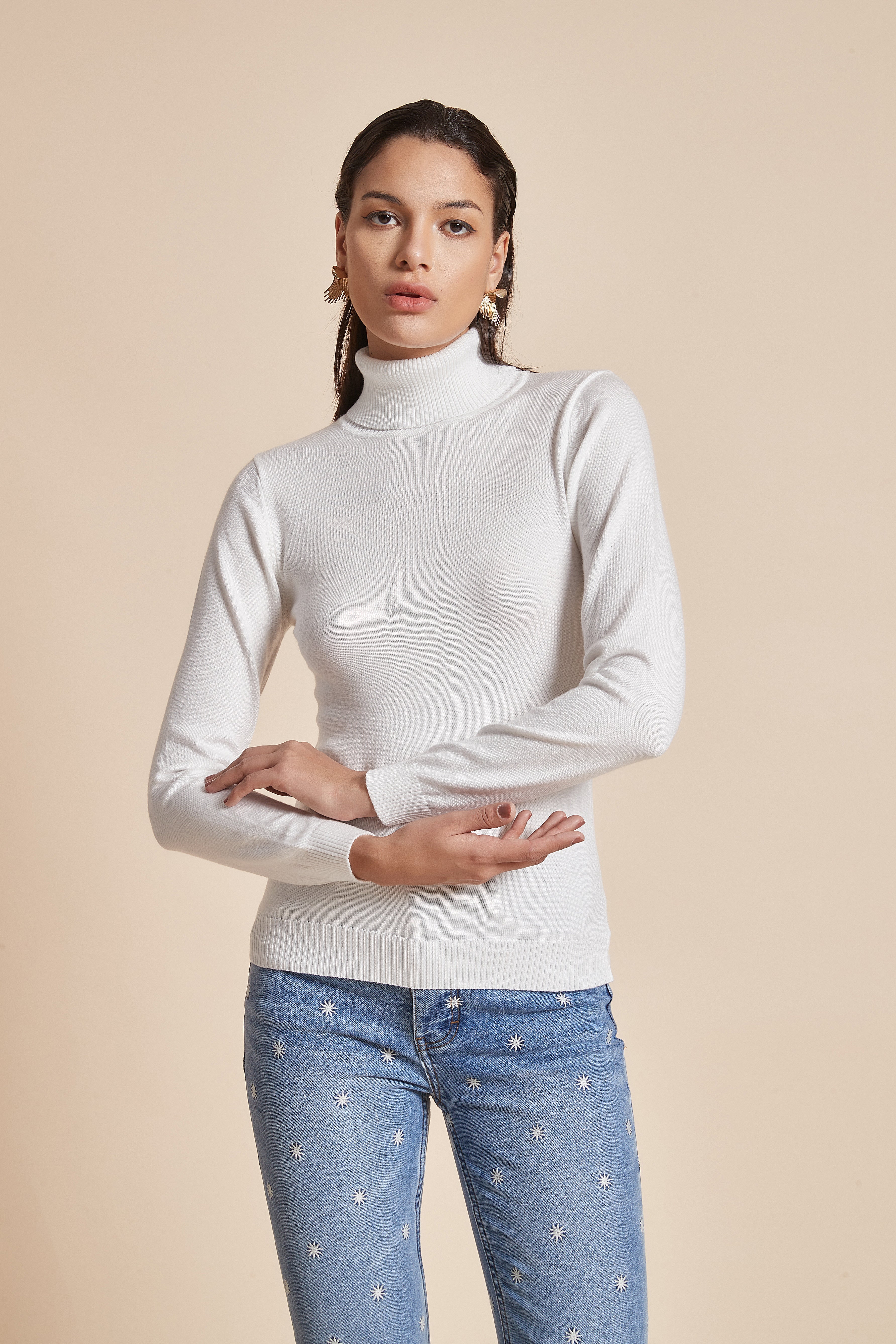 Plain Ribbed High-Neck Blouse With Long Sleeves