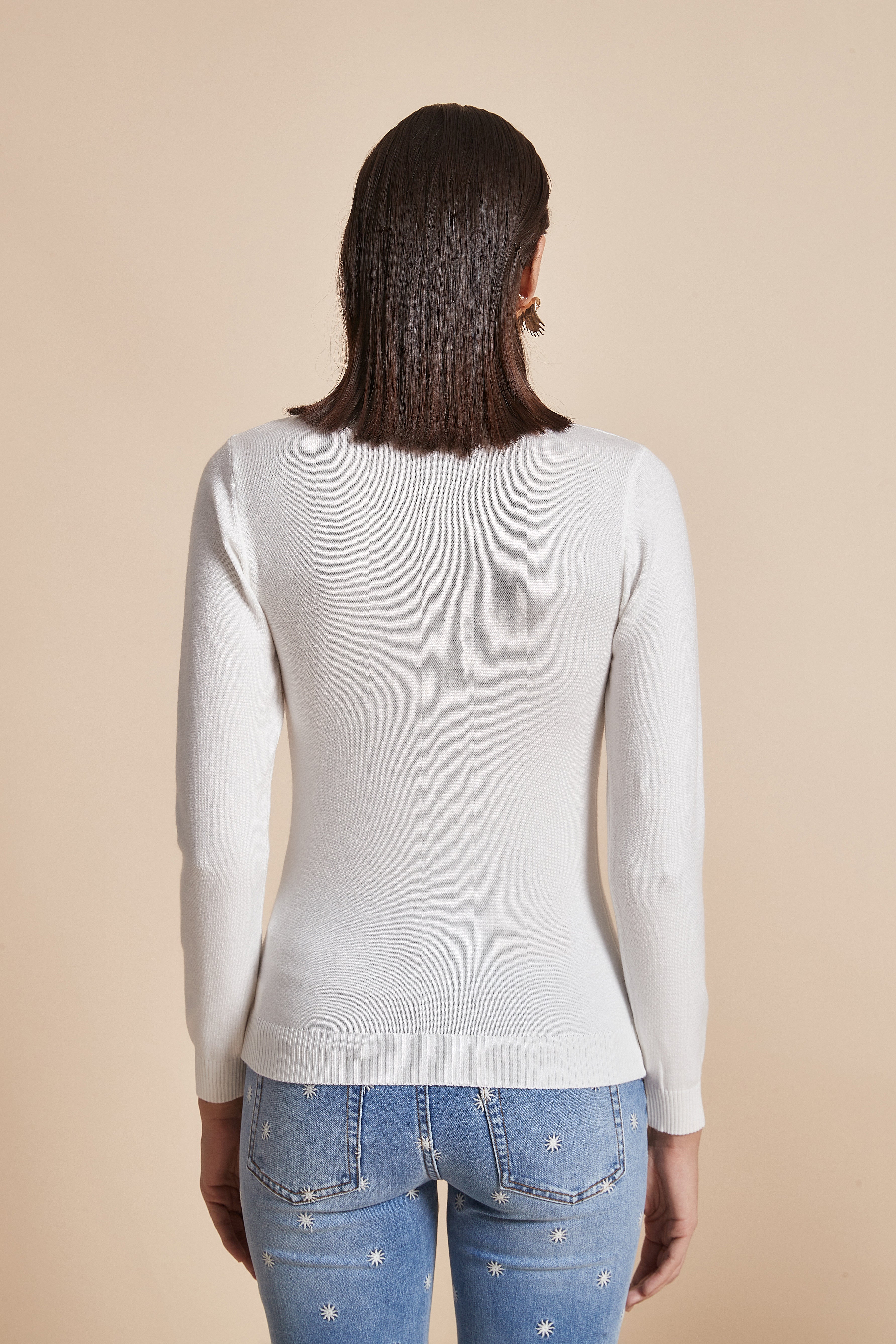 Plain Ribbed High-Neck Blouse With Long Sleeves