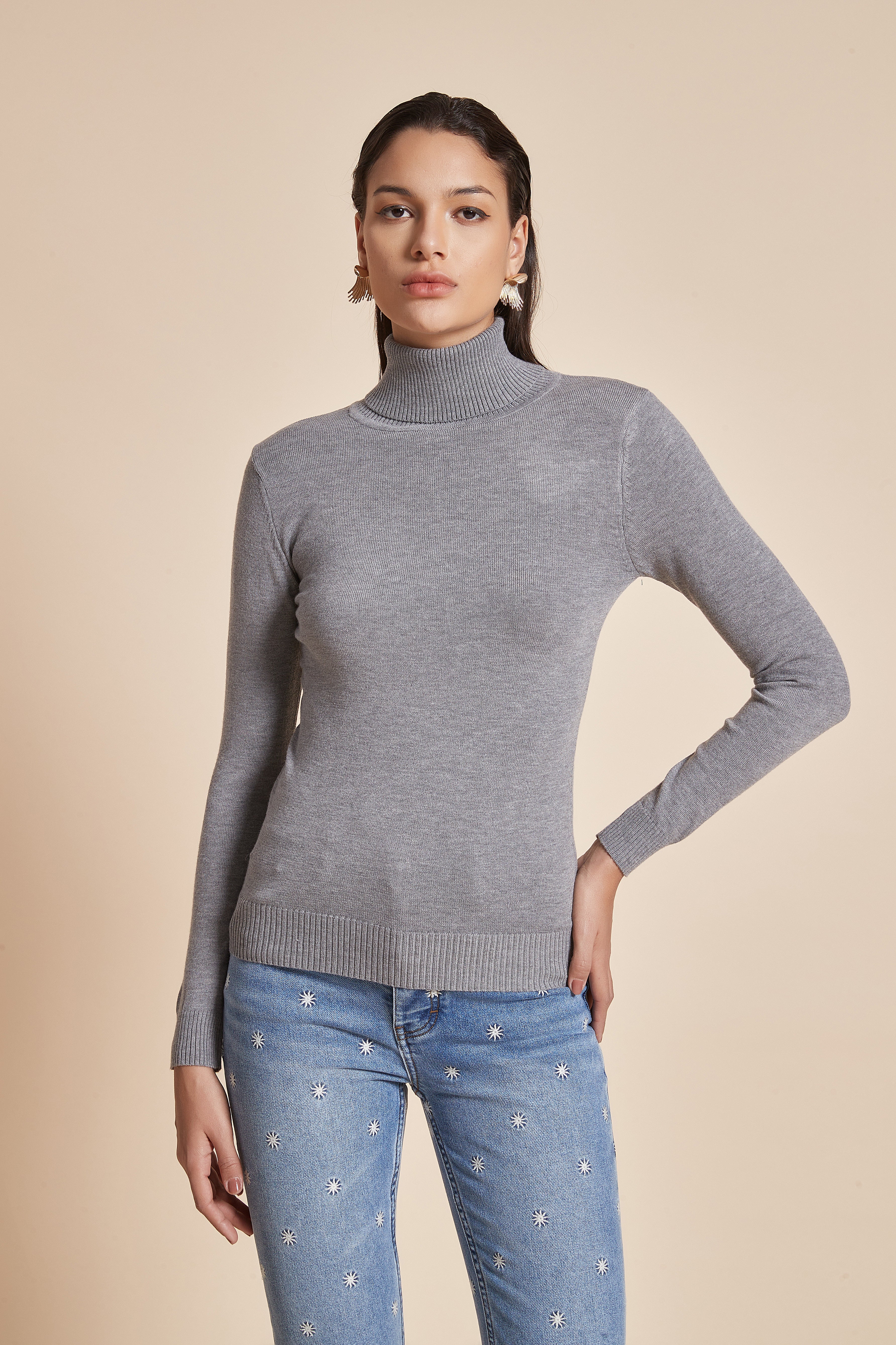 Plain Ribbed High-Neck Blouse With Long Sleeves