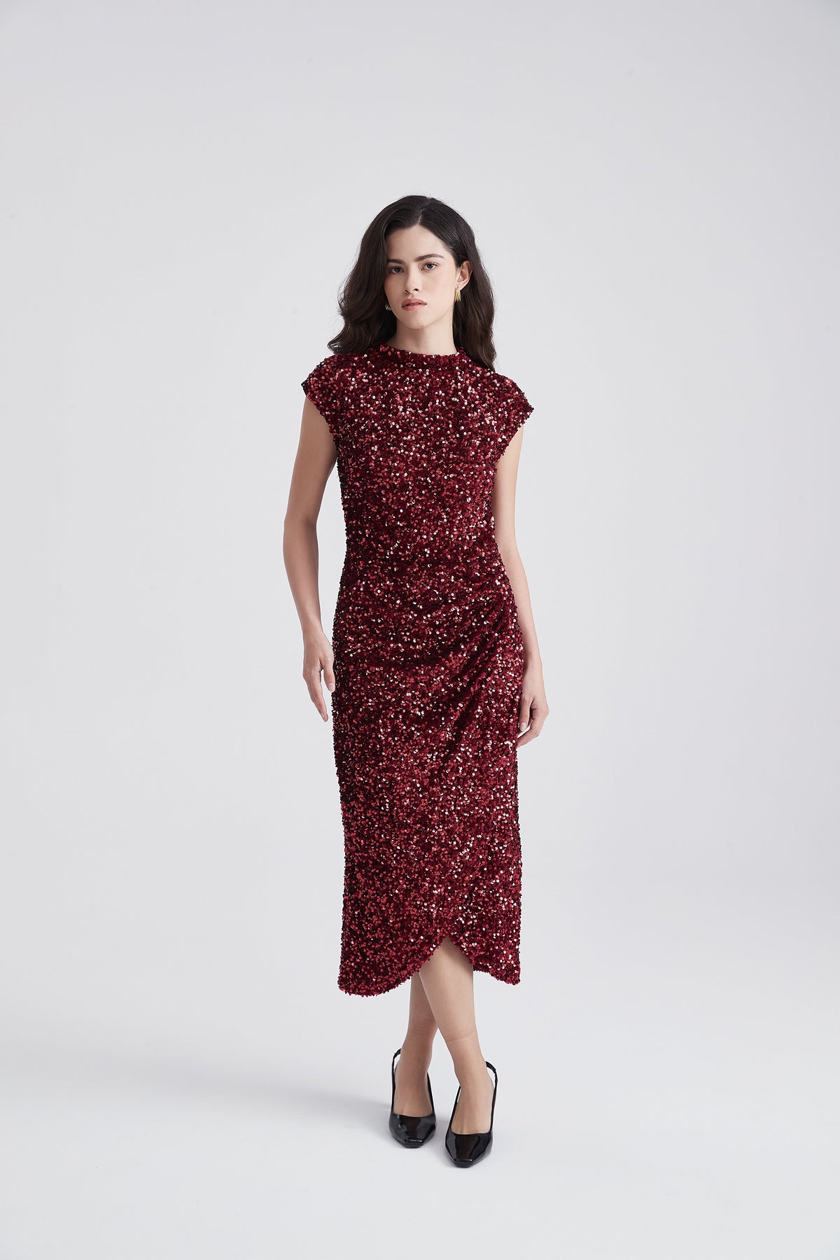 Sleeveless Sequin Midi Dress with High Neck