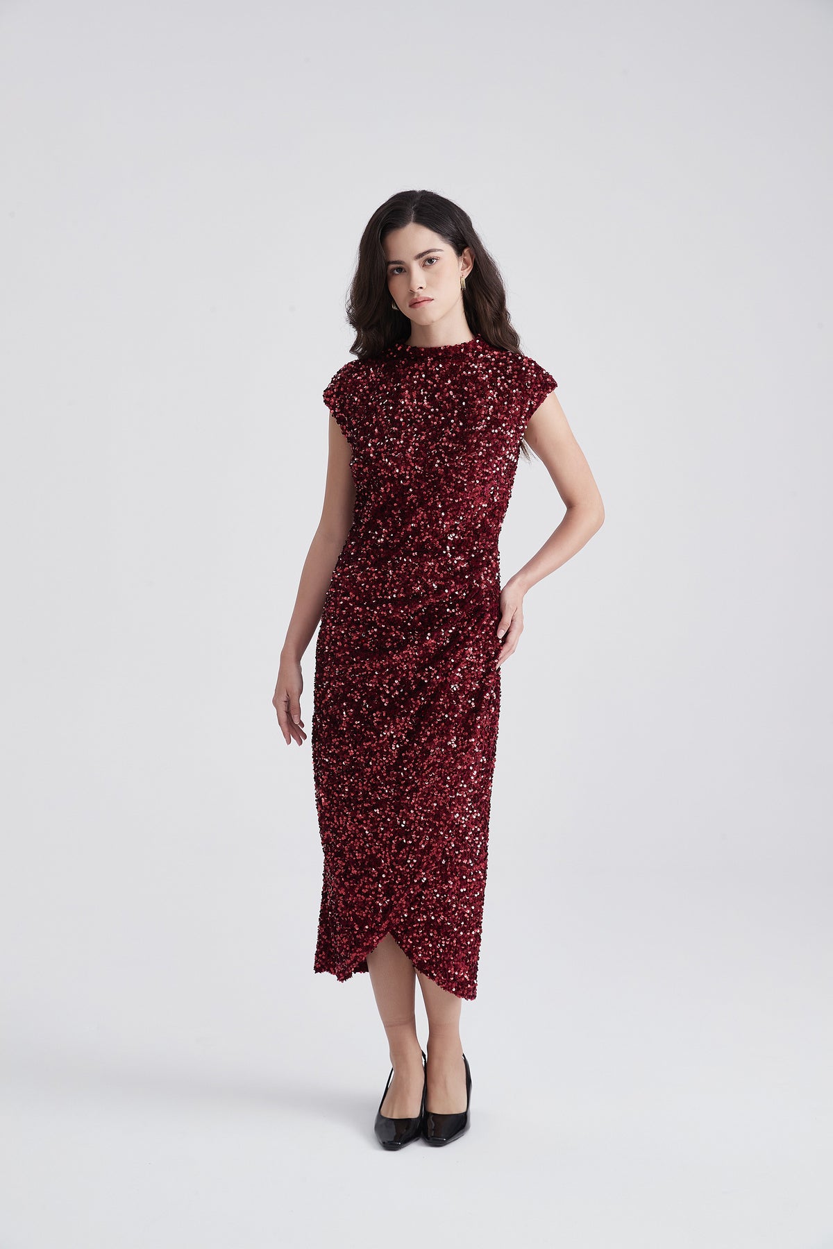 Sleeveless Sequin Midi Dress with High Neck