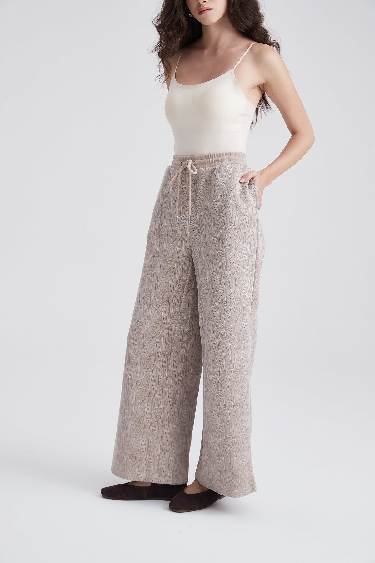 Wide-Leg Trousers with Elastic Waist and Embossed Leaf Pattern