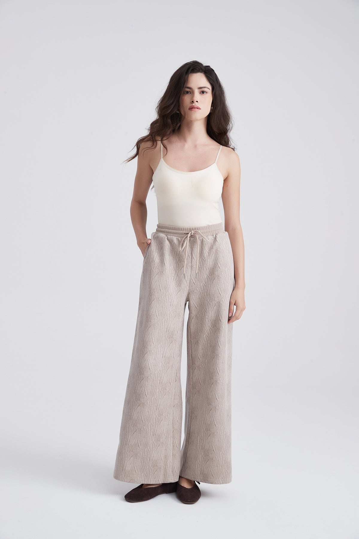 Wide-Leg Trousers with Elastic Waist and Embossed Leaf Pattern