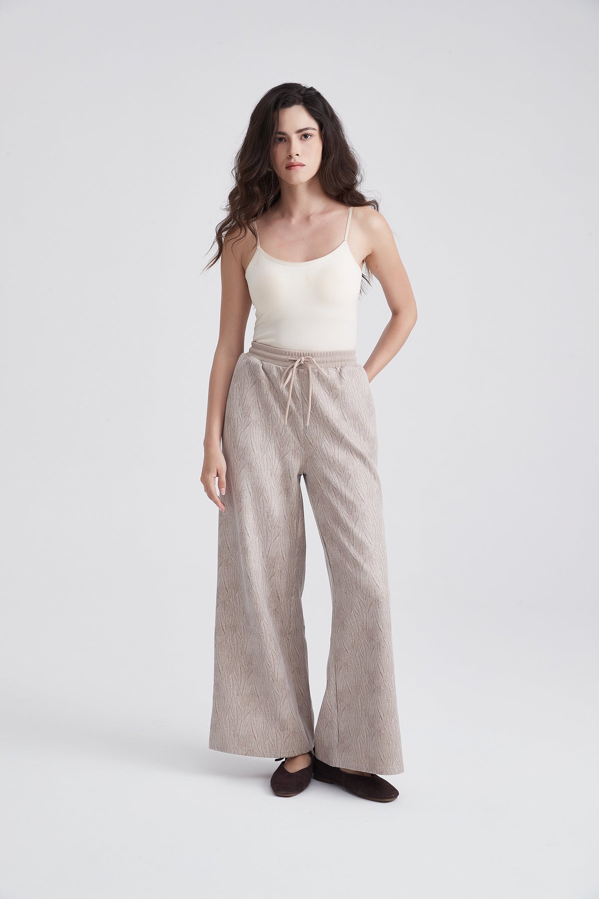 Wide-Leg Trousers with Elastic Waist and Embossed Leaf Pattern