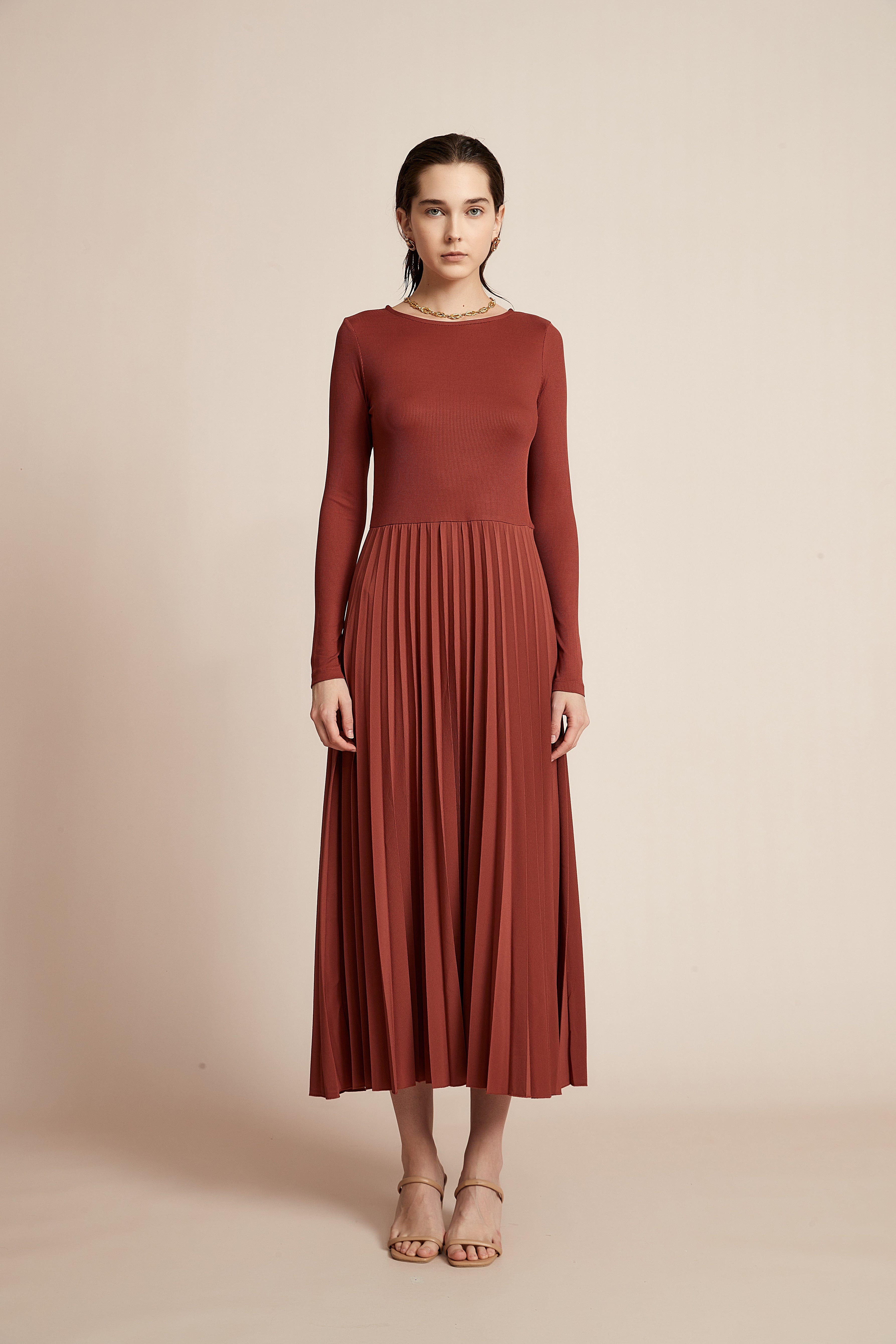 Plain Dress With Half Ruffles And Long Sleeves