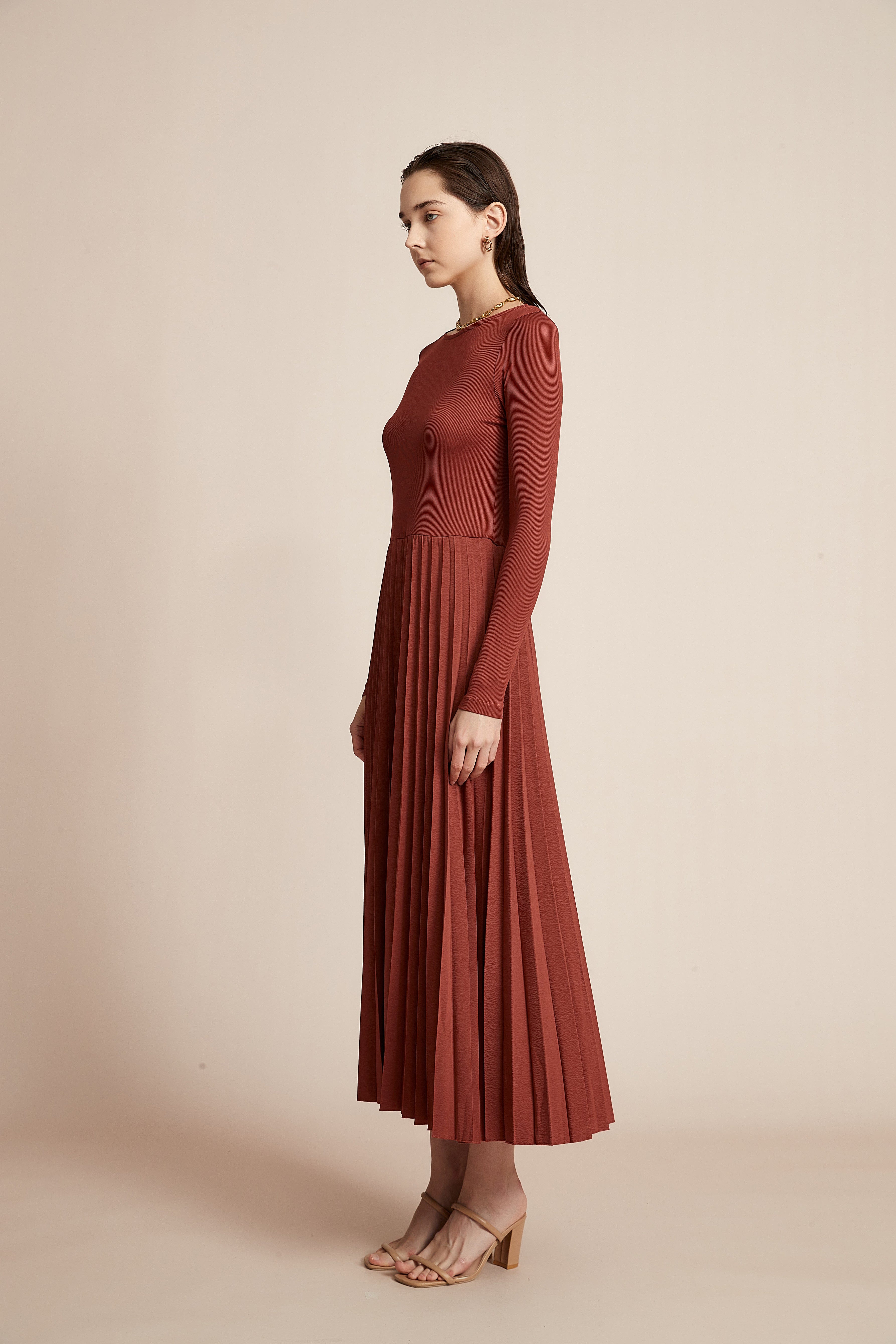 Plain Dress With Half Ruffles And Long Sleeves