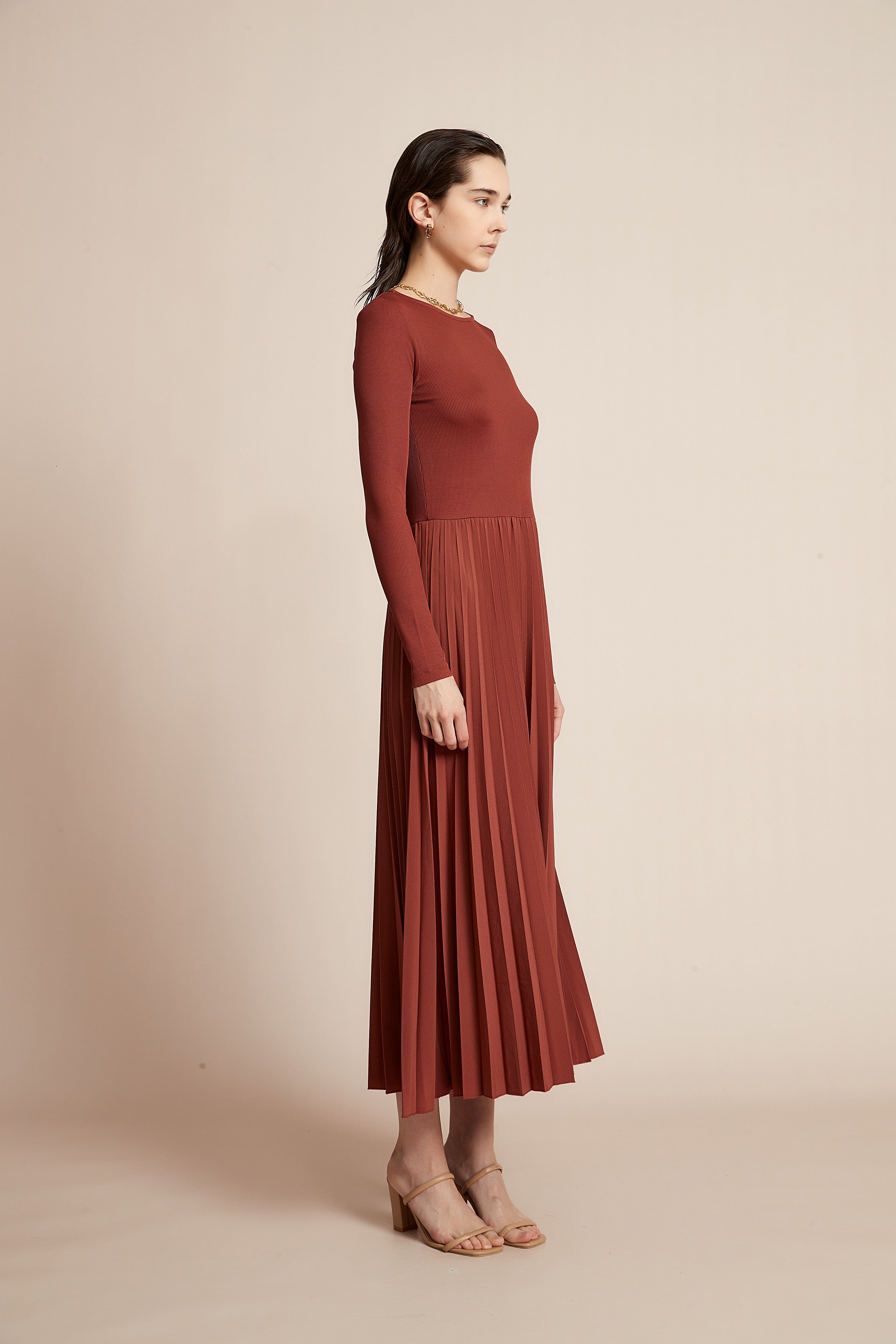 Plain Dress With Half Ruffles And Long Sleeves