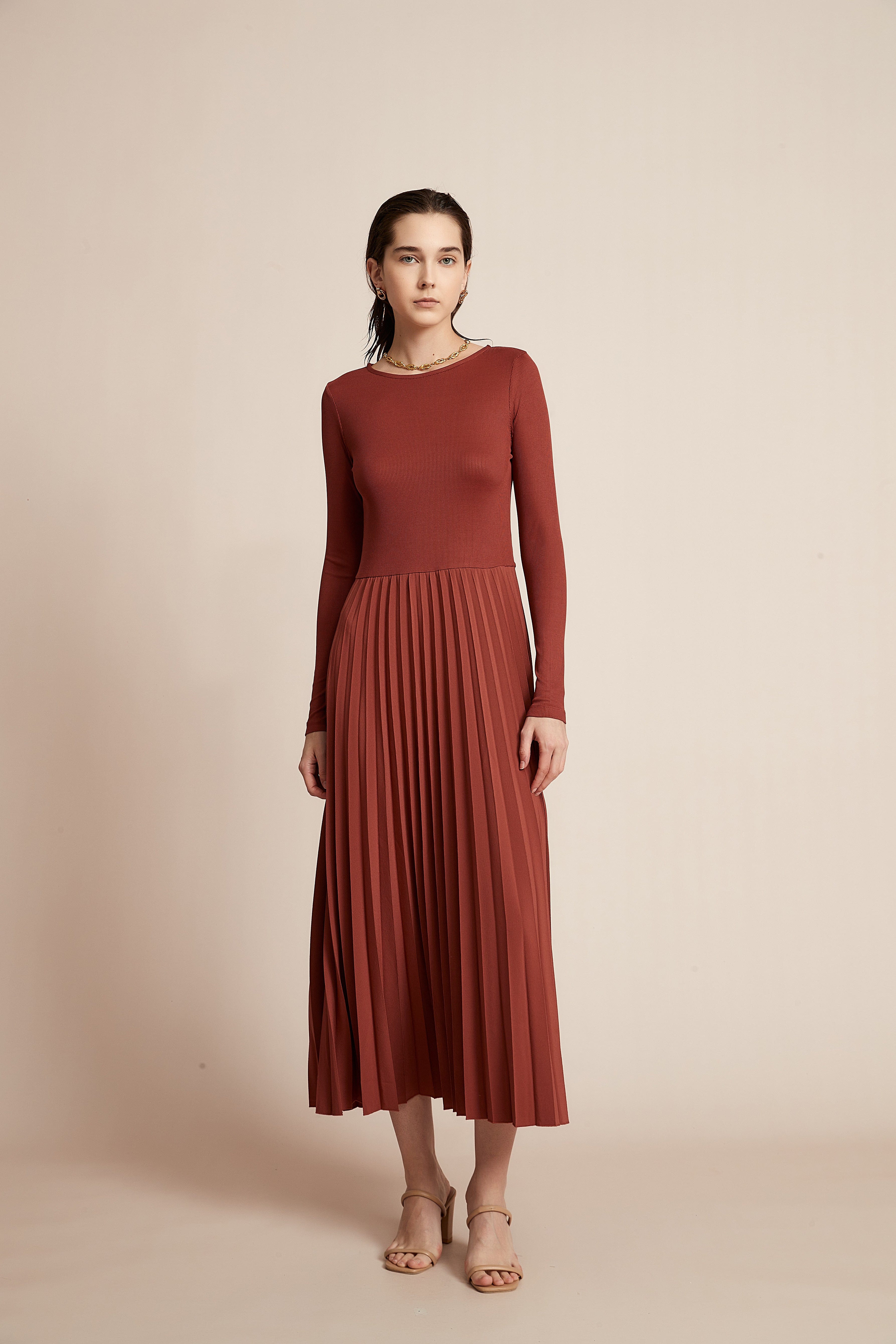 Plain Dress With Half Ruffles And Long Sleeves