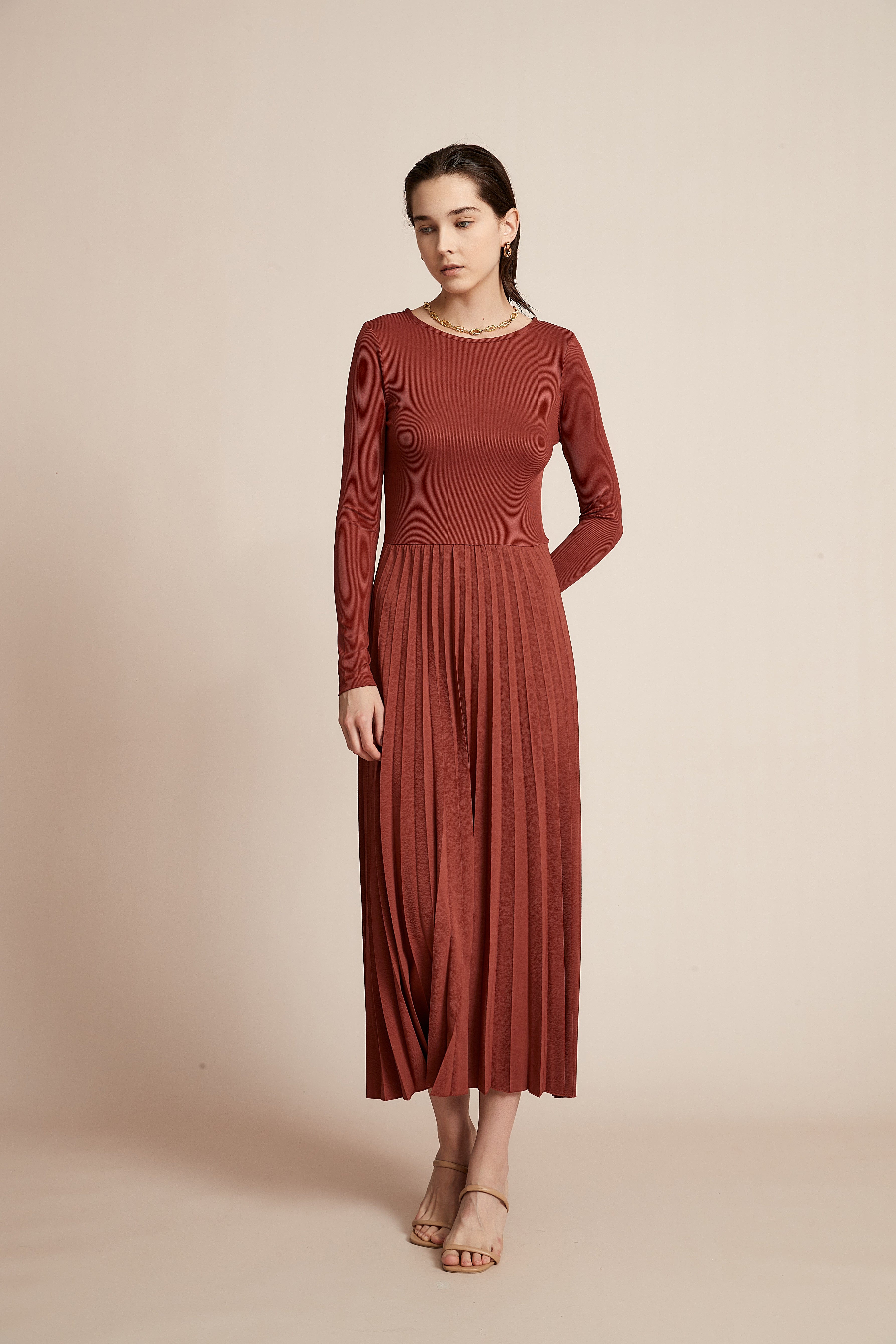 Plain Dress With Half Ruffles And Long Sleeves