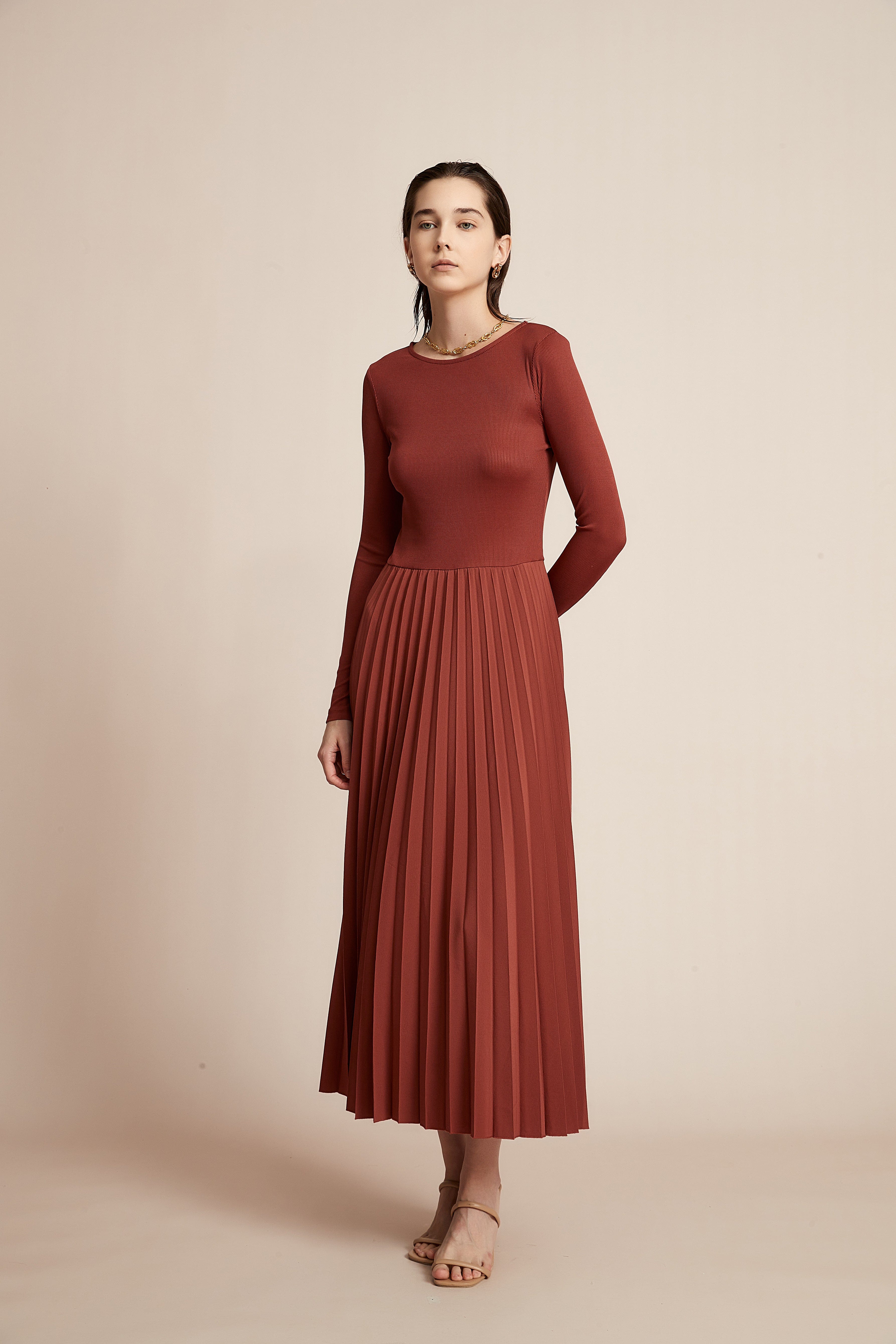 Plain Dress With Half Ruffles And Long Sleeves