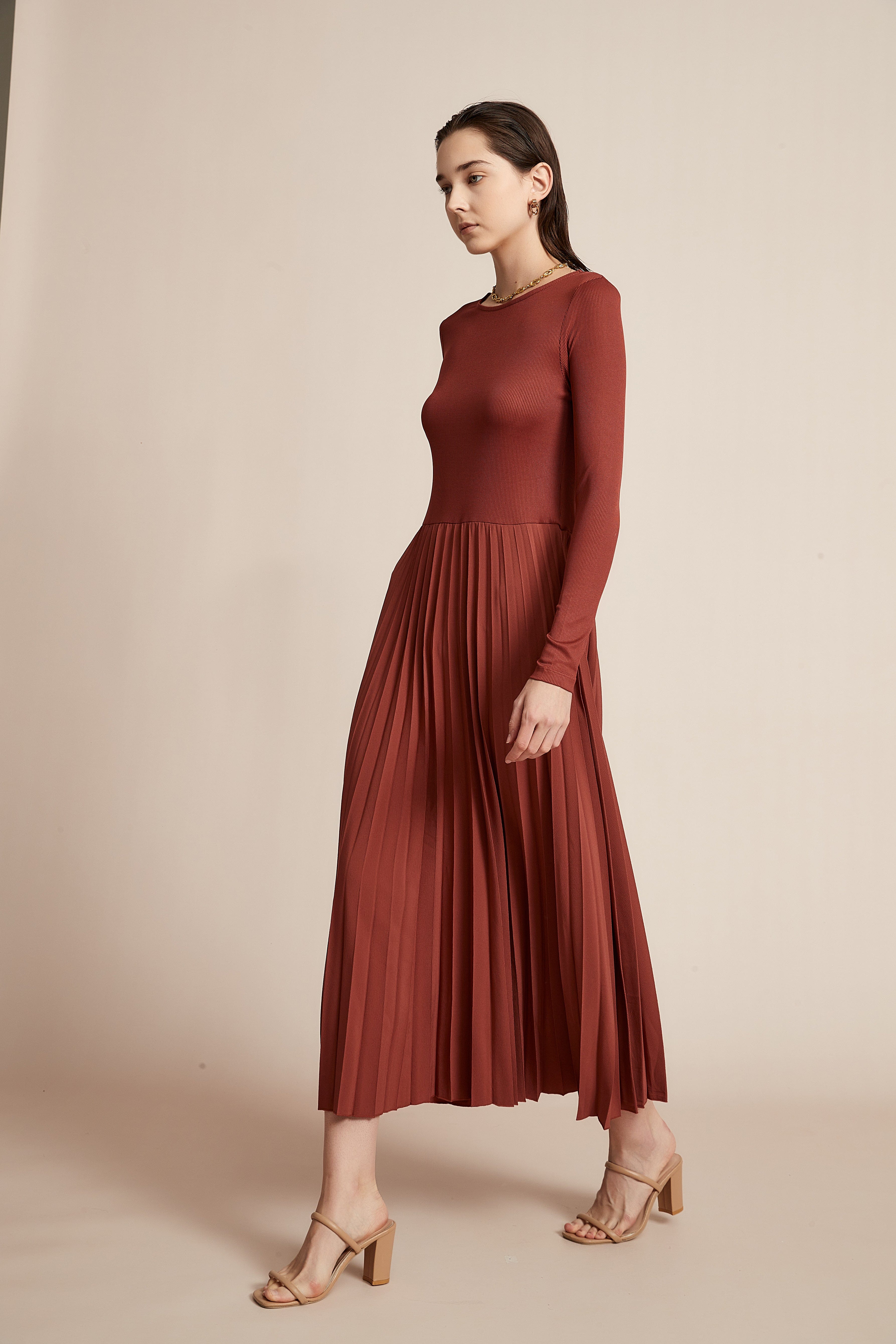 Plain Dress With Half Ruffles And Long Sleeves