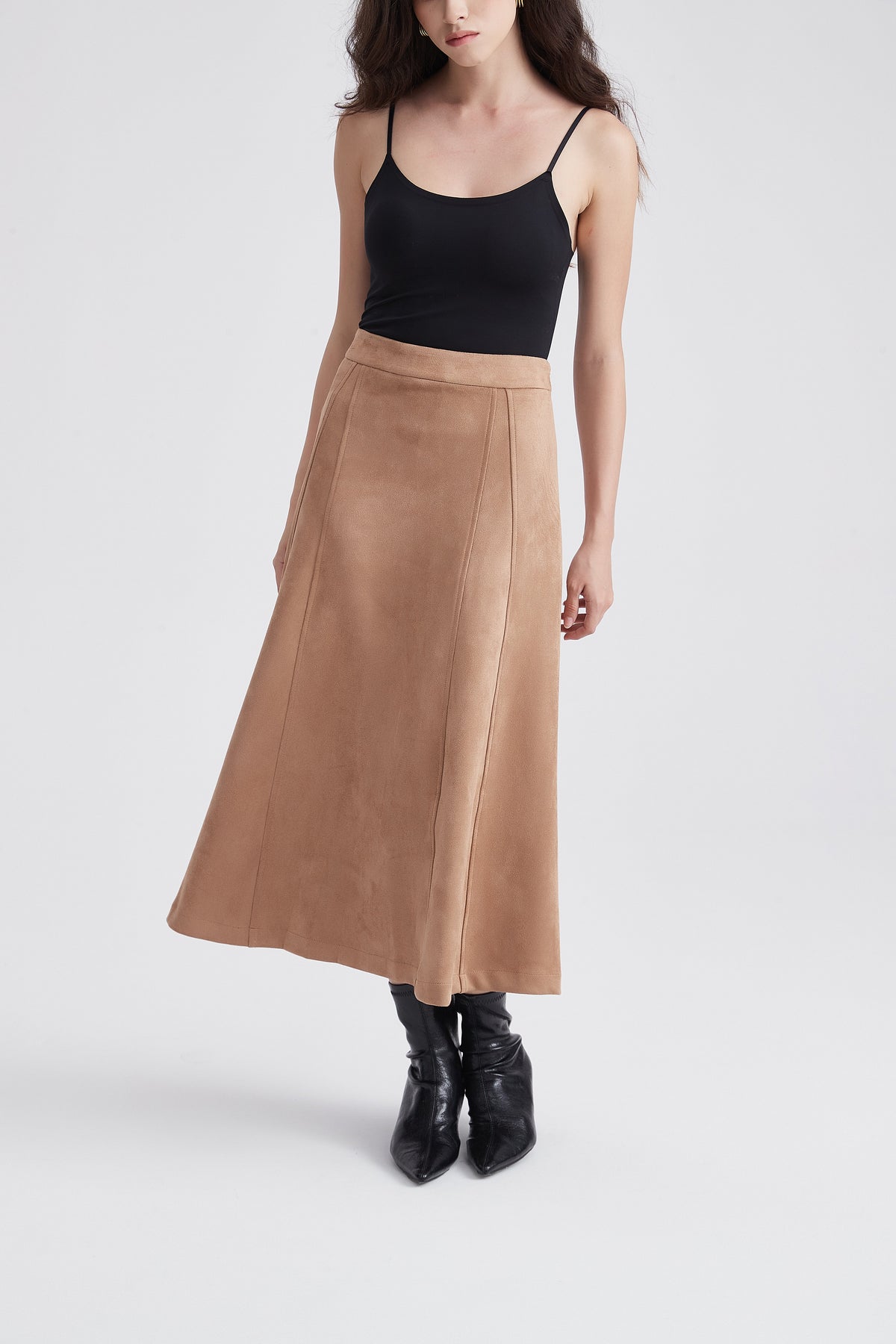 Wide Midi Skirt with Suede-Look Finish