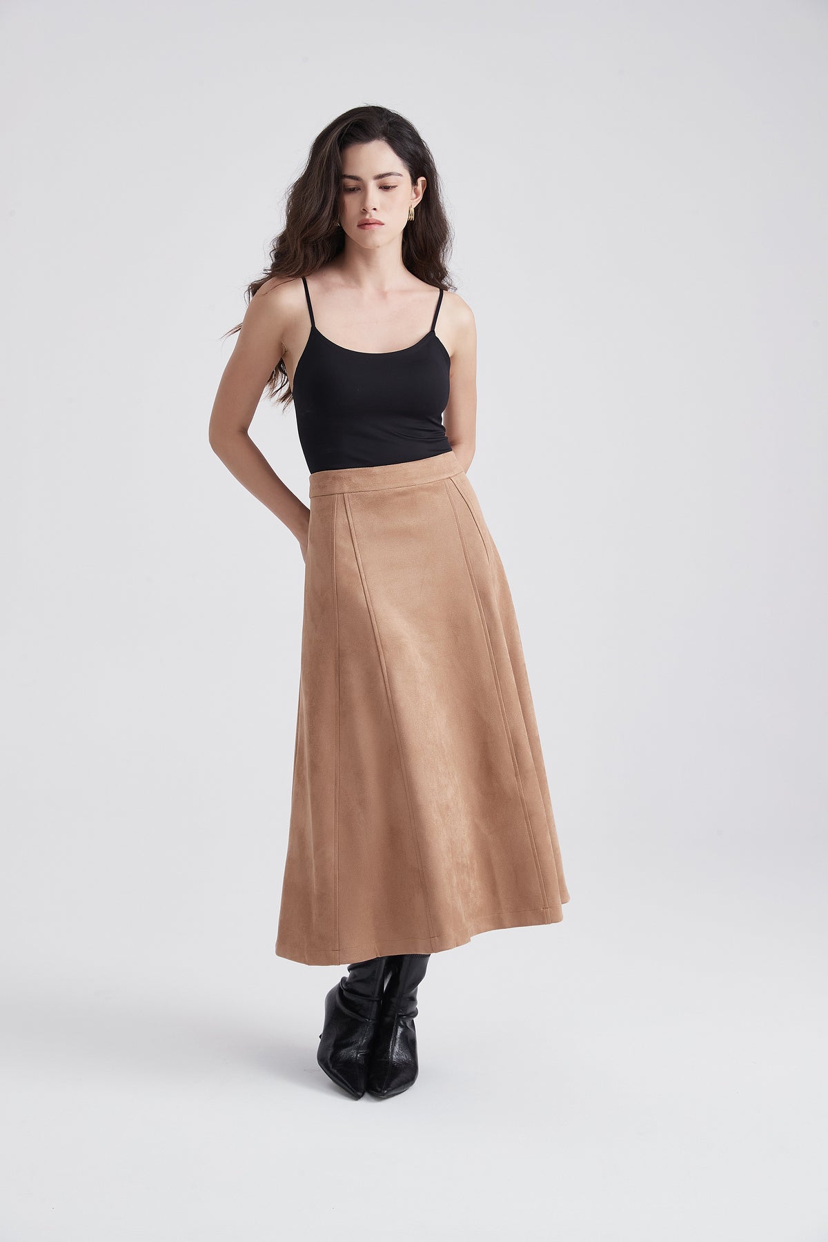 Wide Midi Skirt with Suede-Look Finish