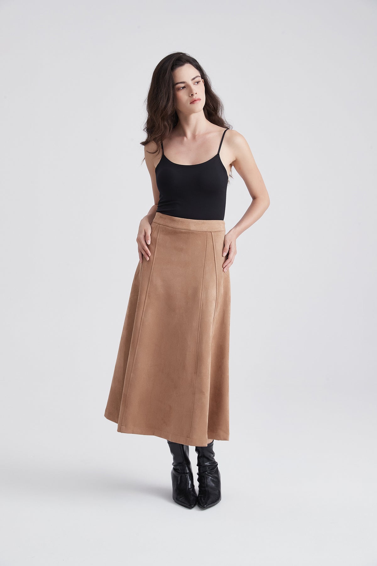 Wide Midi Skirt with Suede-Look Finish