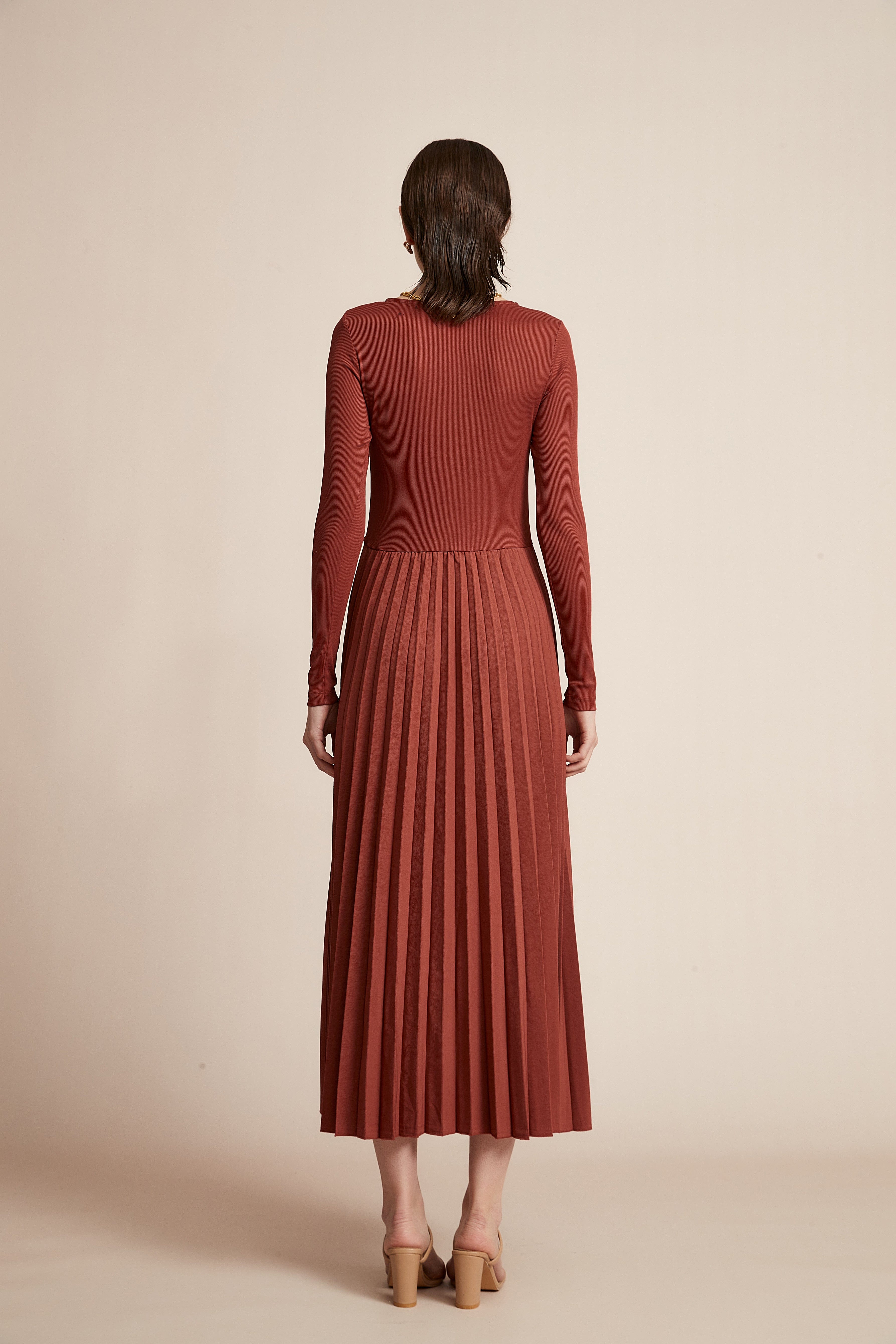 Plain Dress With Half Ruffles And Long Sleeves