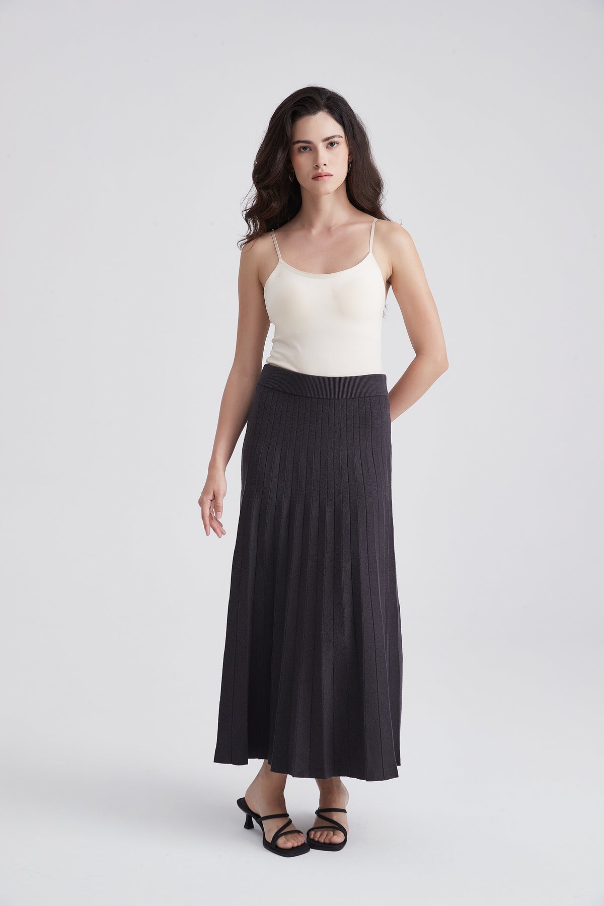 Pleated Midi Skirt with Elastic Waist