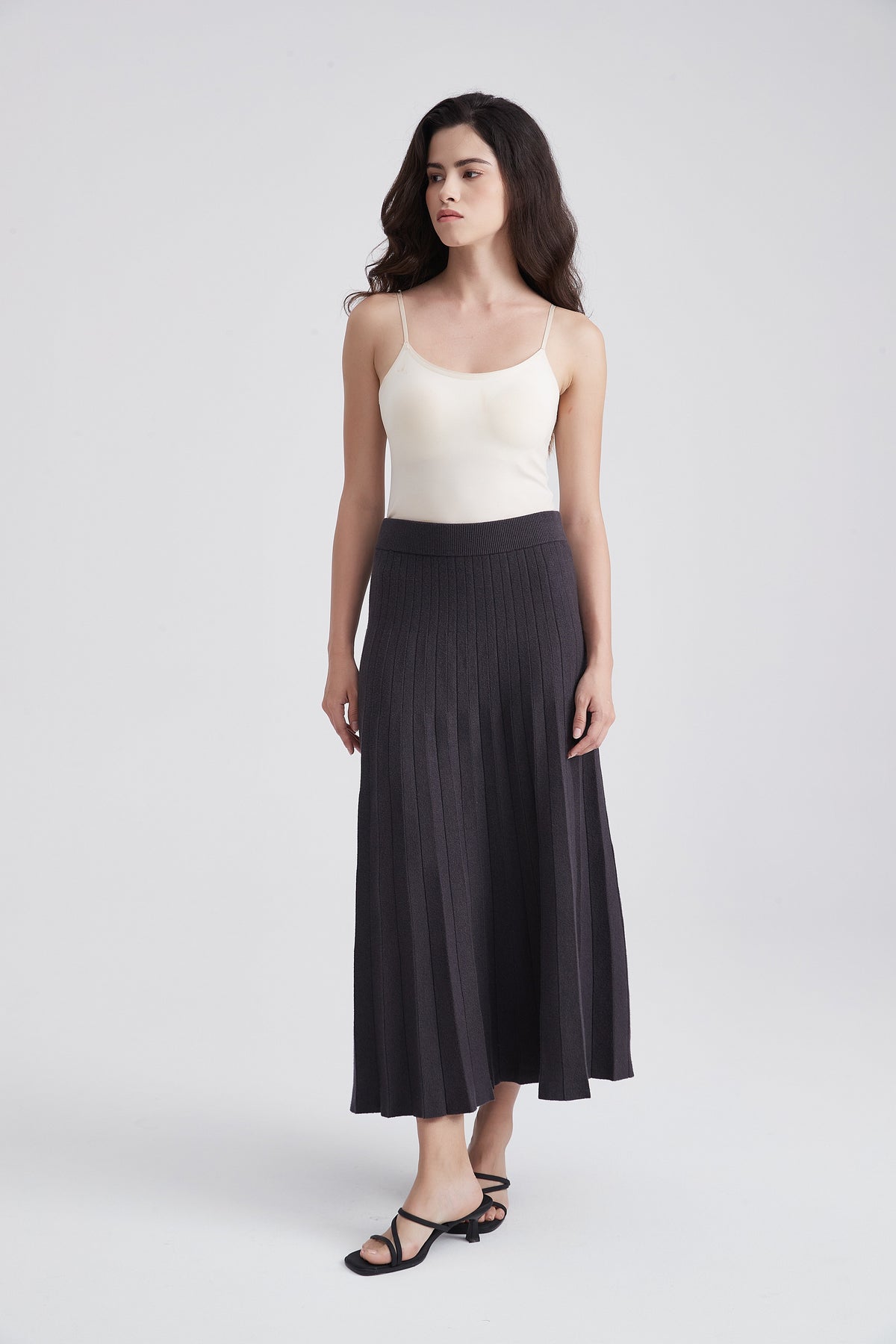 Pleated Midi Skirt with Elastic Waist