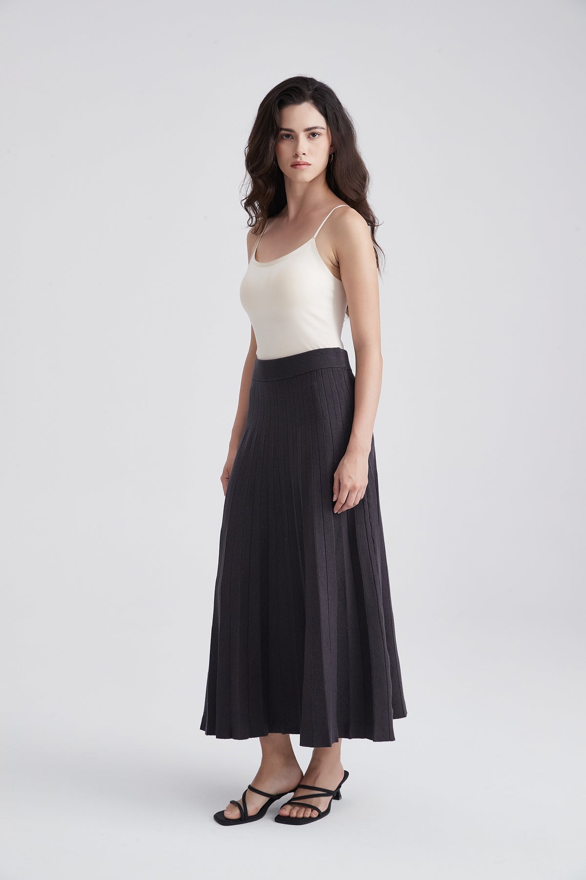 Pleated Midi Skirt with Elastic Waist