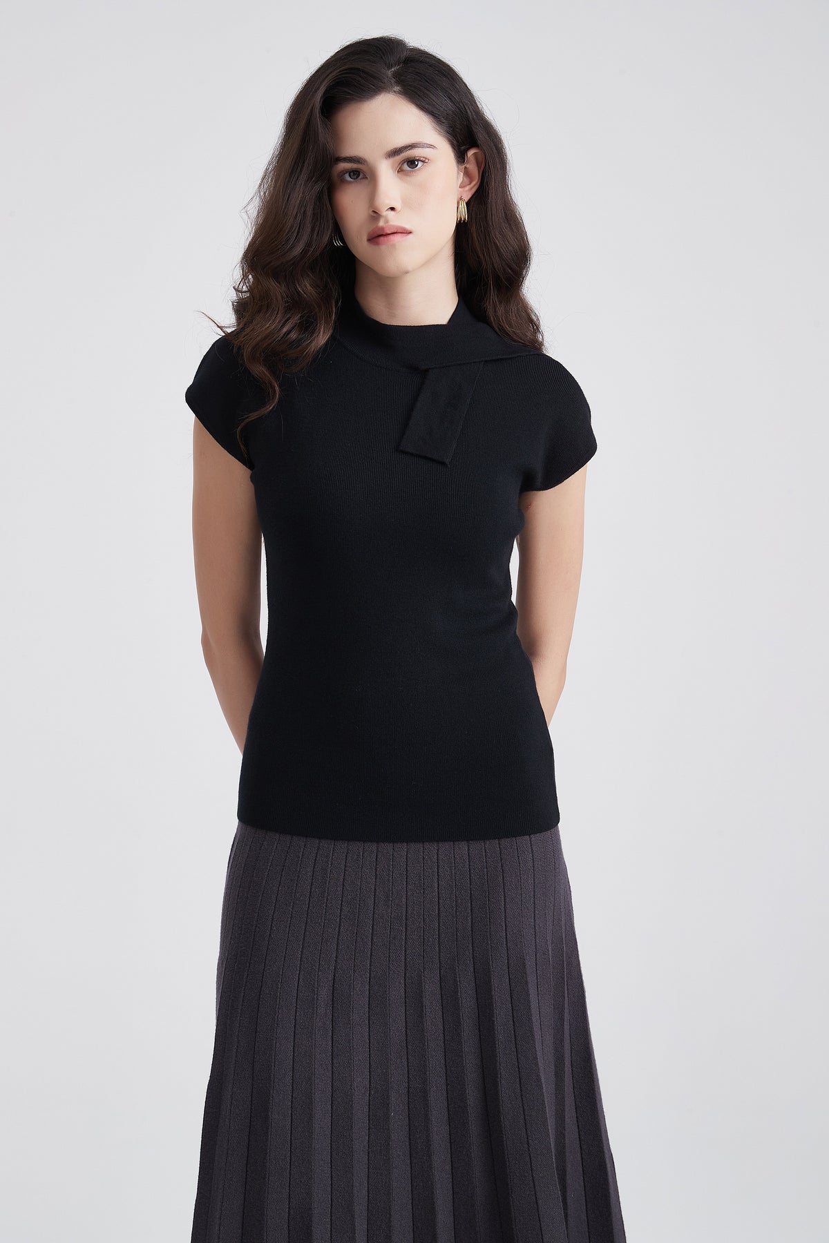 Short-Sleeve Blouse with Side Neck Tie