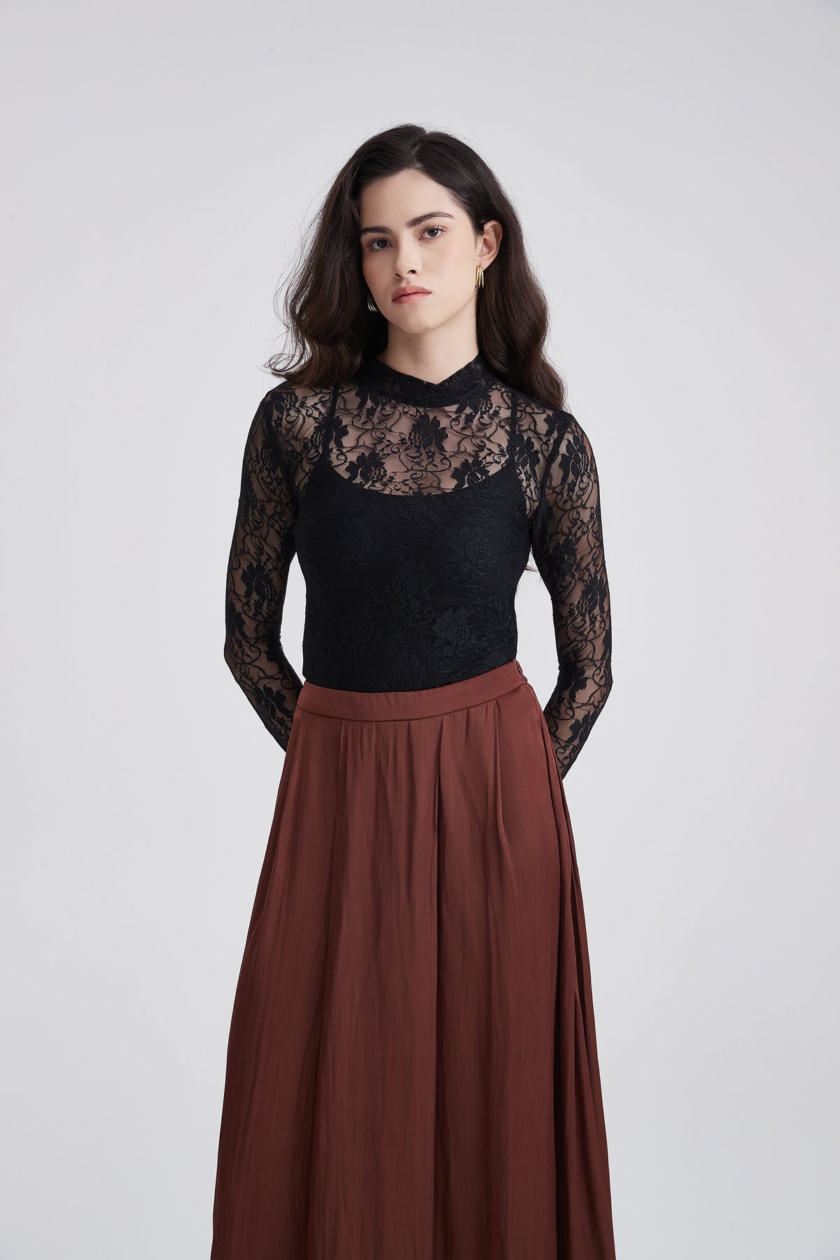 Long-Sleeve Lace Blouse with Shirt Collar