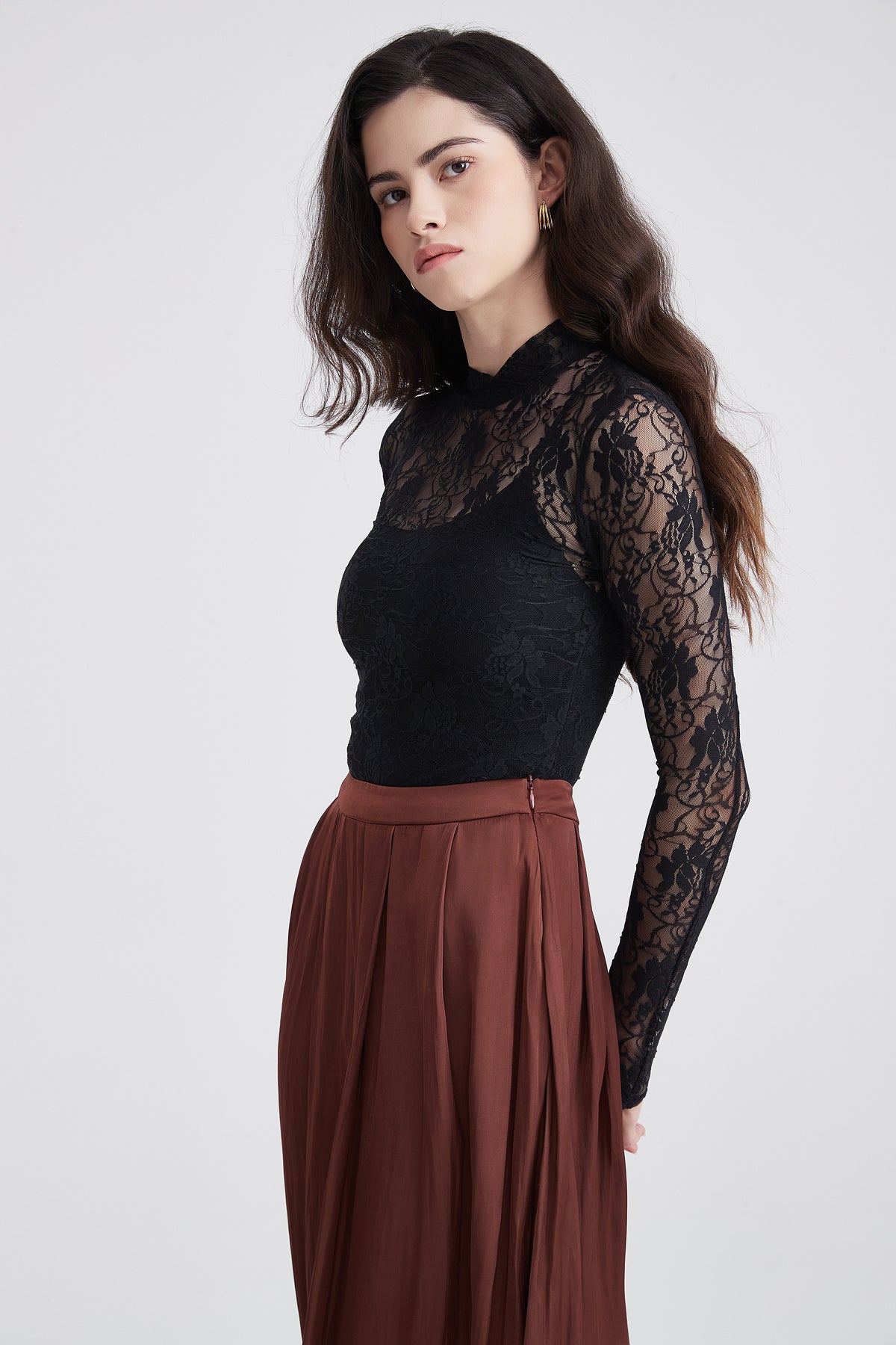 Long-Sleeve Lace Blouse with Shirt Collar