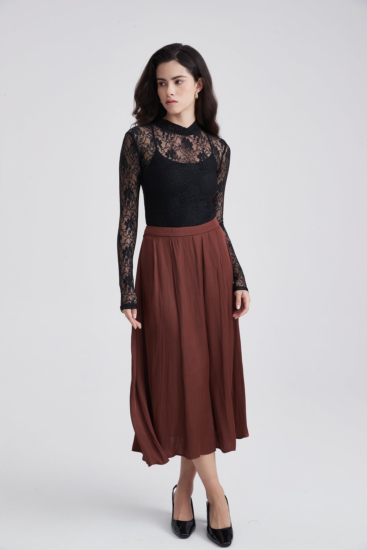 Long-Sleeve Lace Blouse with Shirt Collar