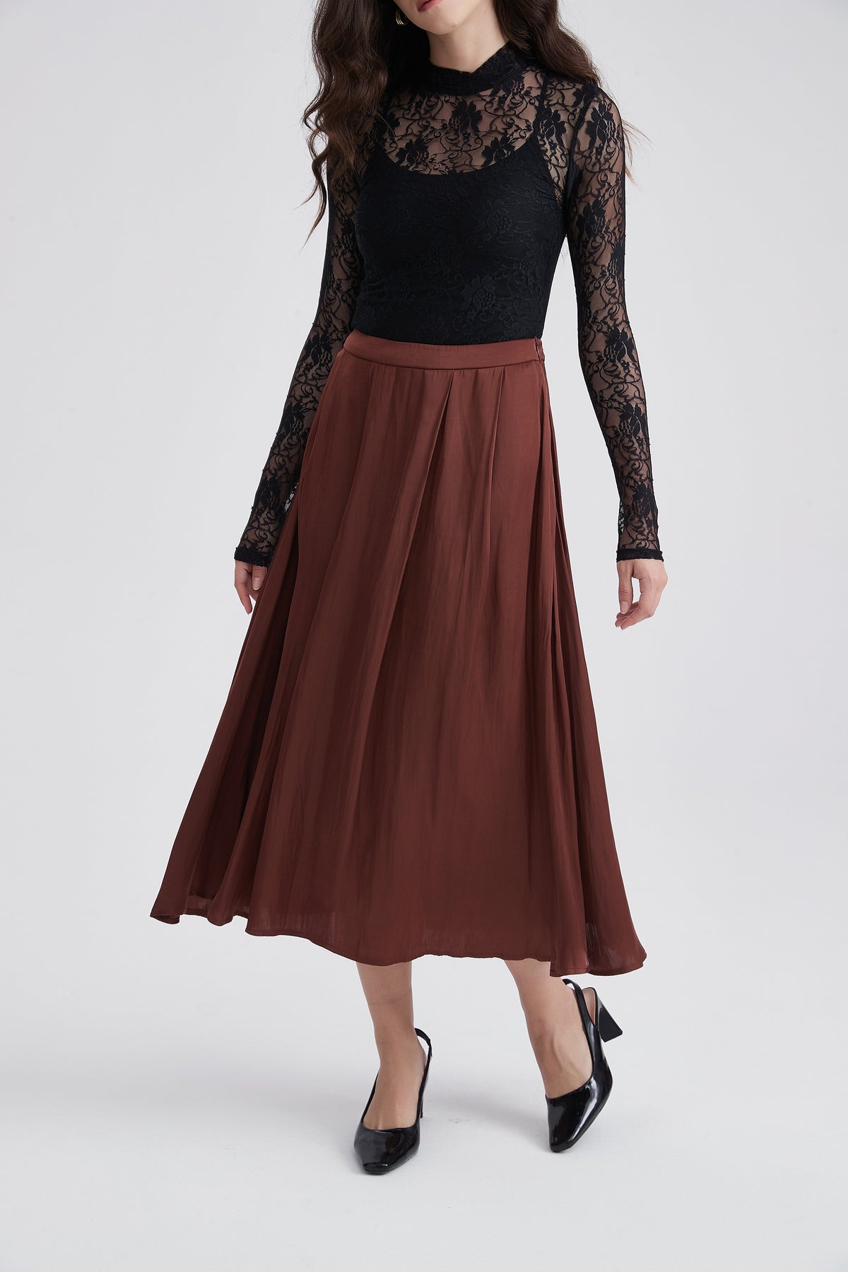 Midi Skirt with Soft Satin-Look Pleats
