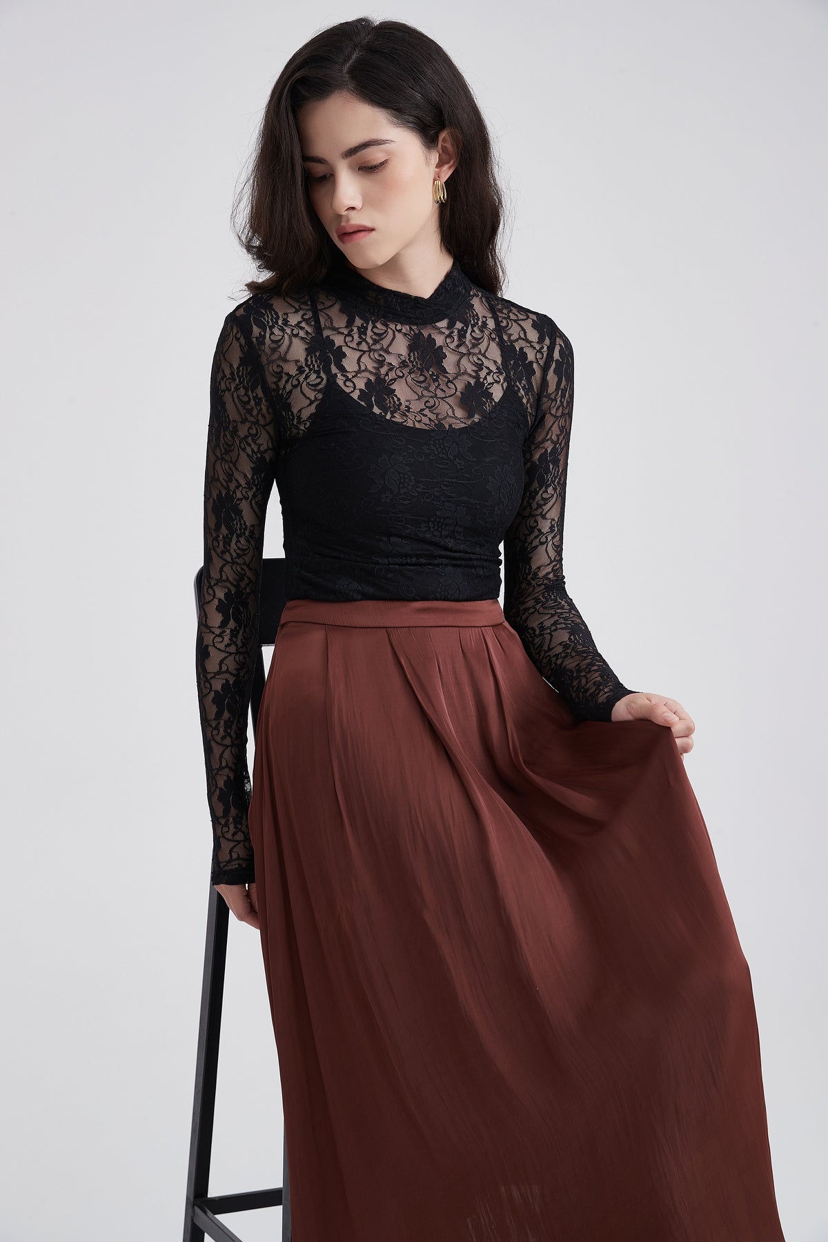 Long-Sleeve Lace Blouse with Shirt Collar