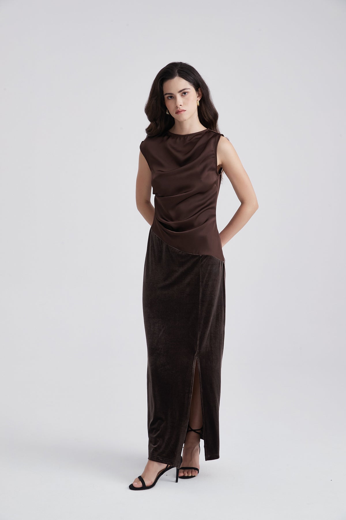 Sleeveless Draped Maxi Dress with Side Slit