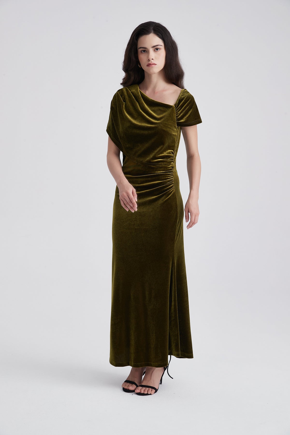 Maxi Dress with Shoulder Ruffles and Short Sleeves