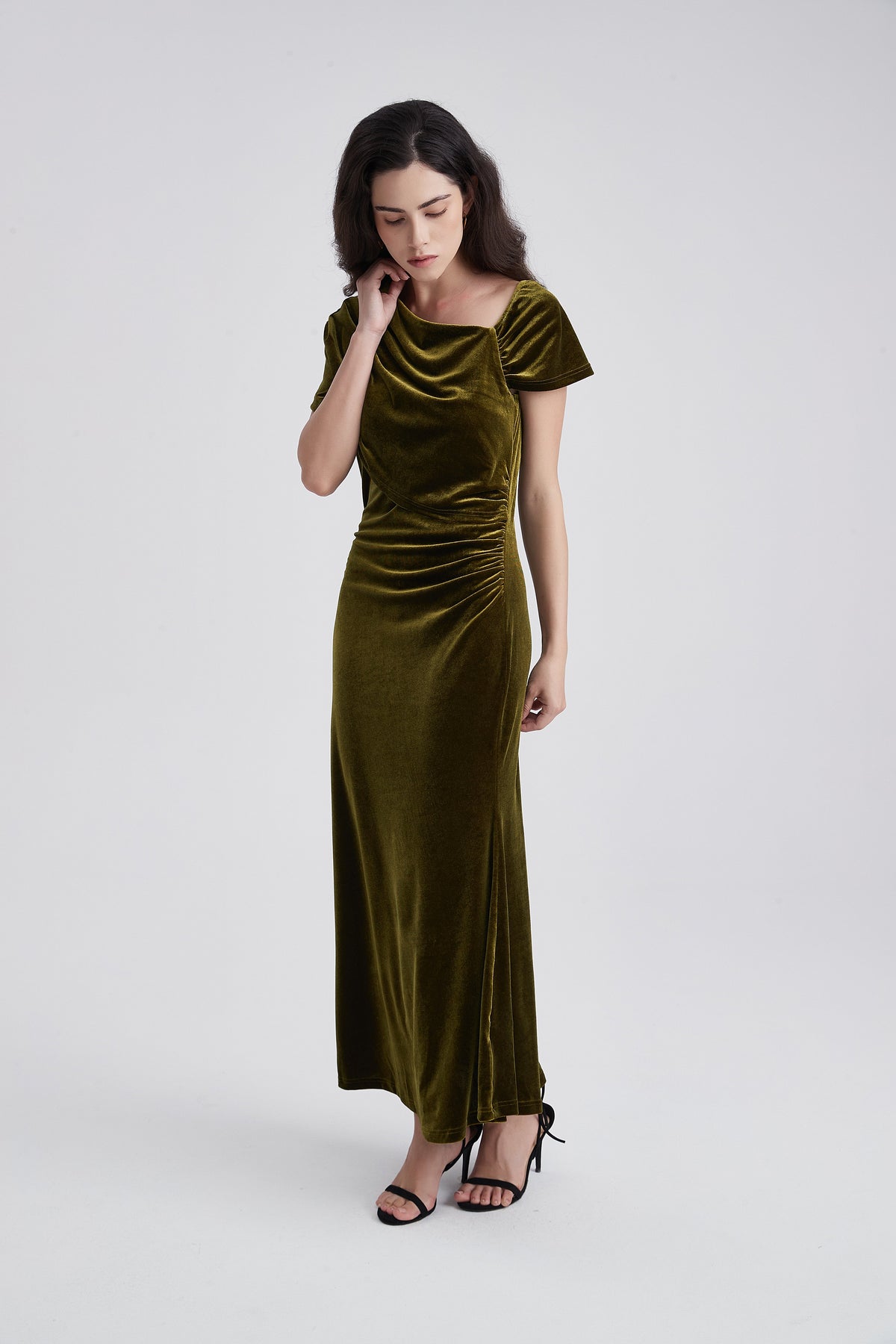 Maxi Dress with Shoulder Ruffles and Short Sleeves