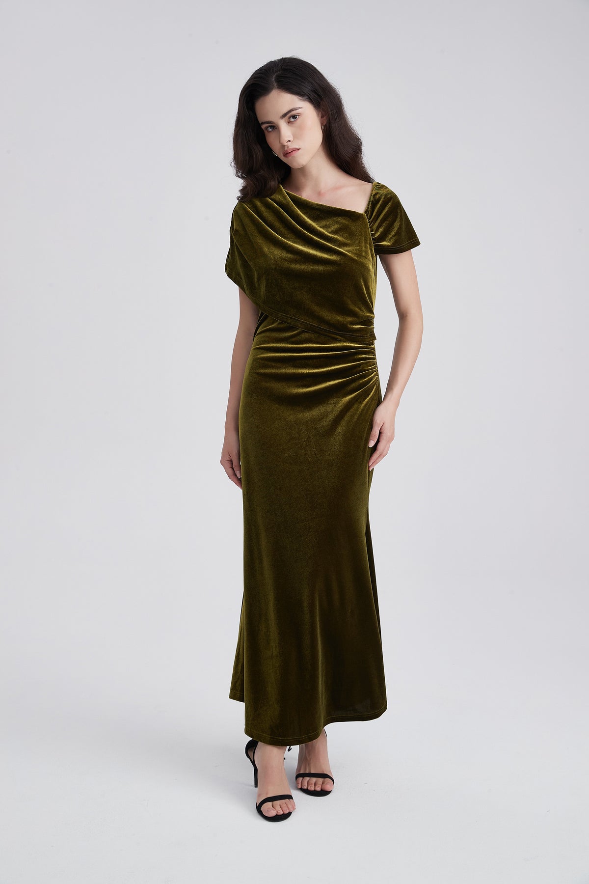 Maxi Dress with Shoulder Ruffles and Short Sleeves