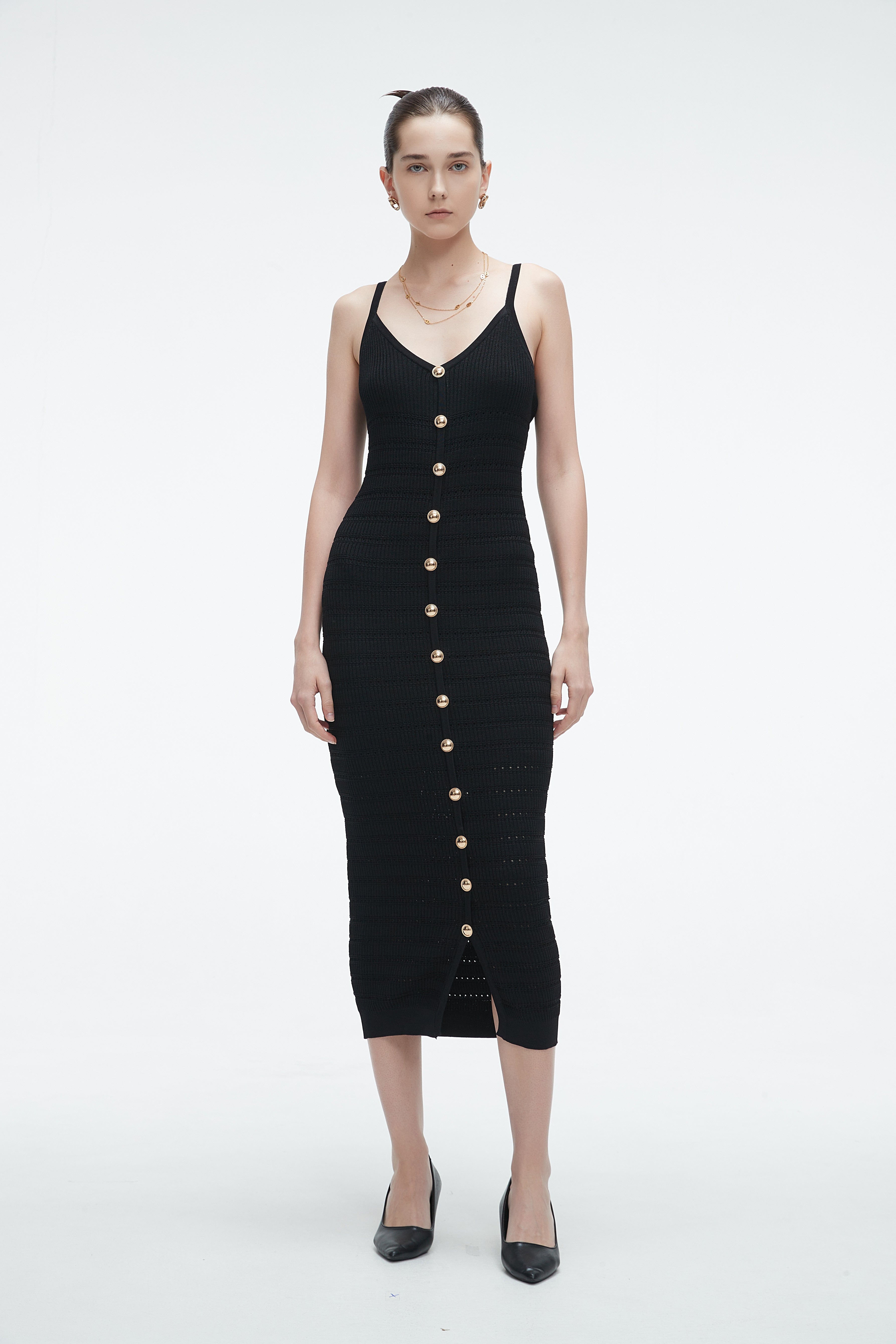 Midi Dress With Straps And Plain Front Buttons