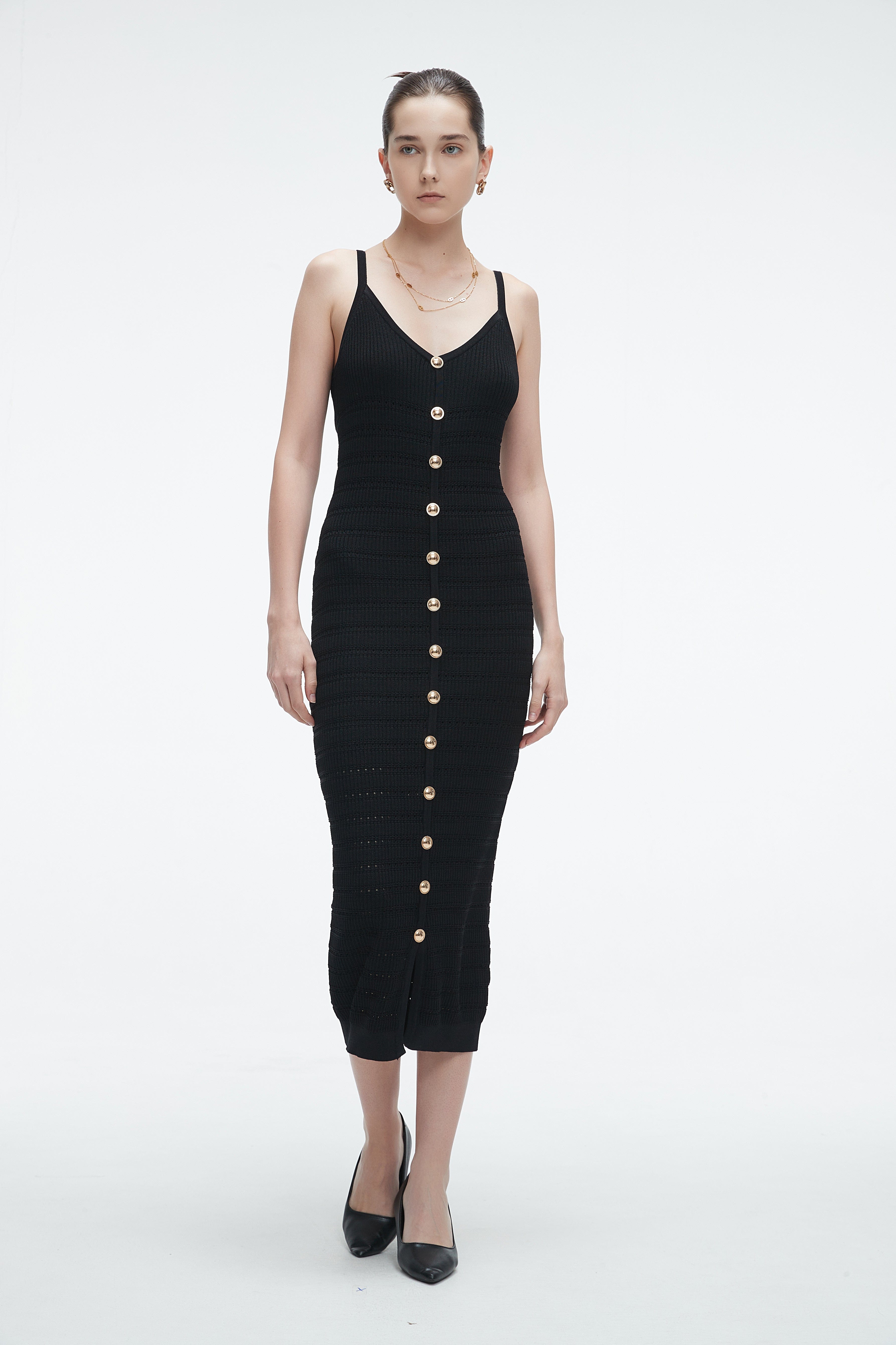 Midi Dress With Straps And Plain Front Buttons