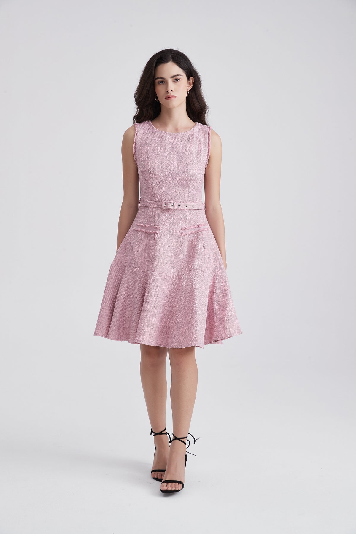 Sleeveless Dress with Belt and Frayed Edges