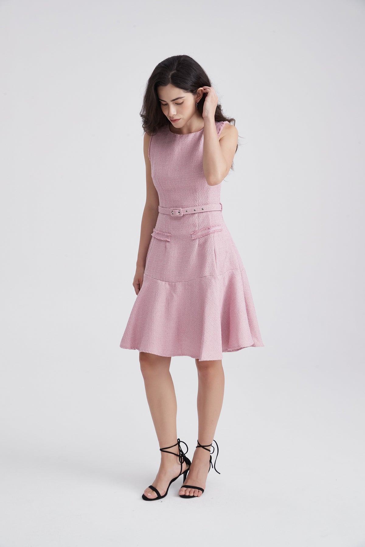 Sleeveless Dress with Belt and Frayed Edges