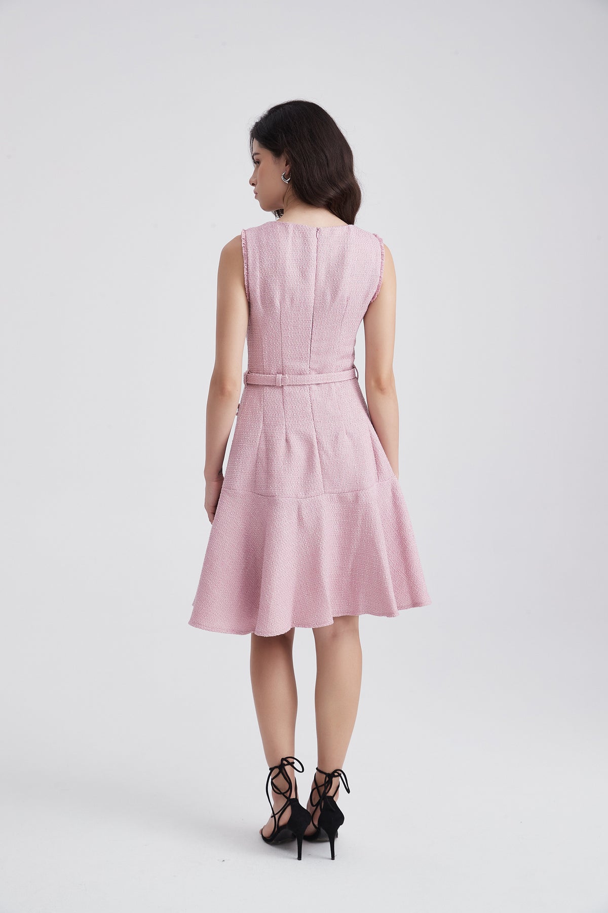 Sleeveless Dress with Belt and Frayed Edges