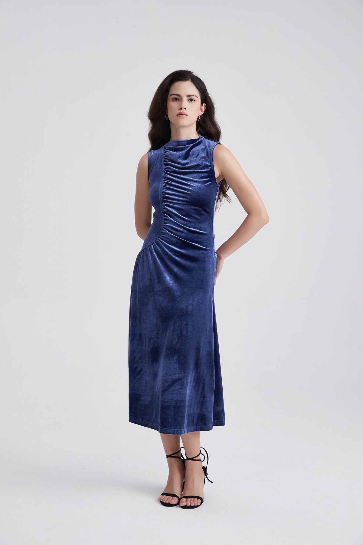 Sleeveless Velvet Midi Dress with High Neck