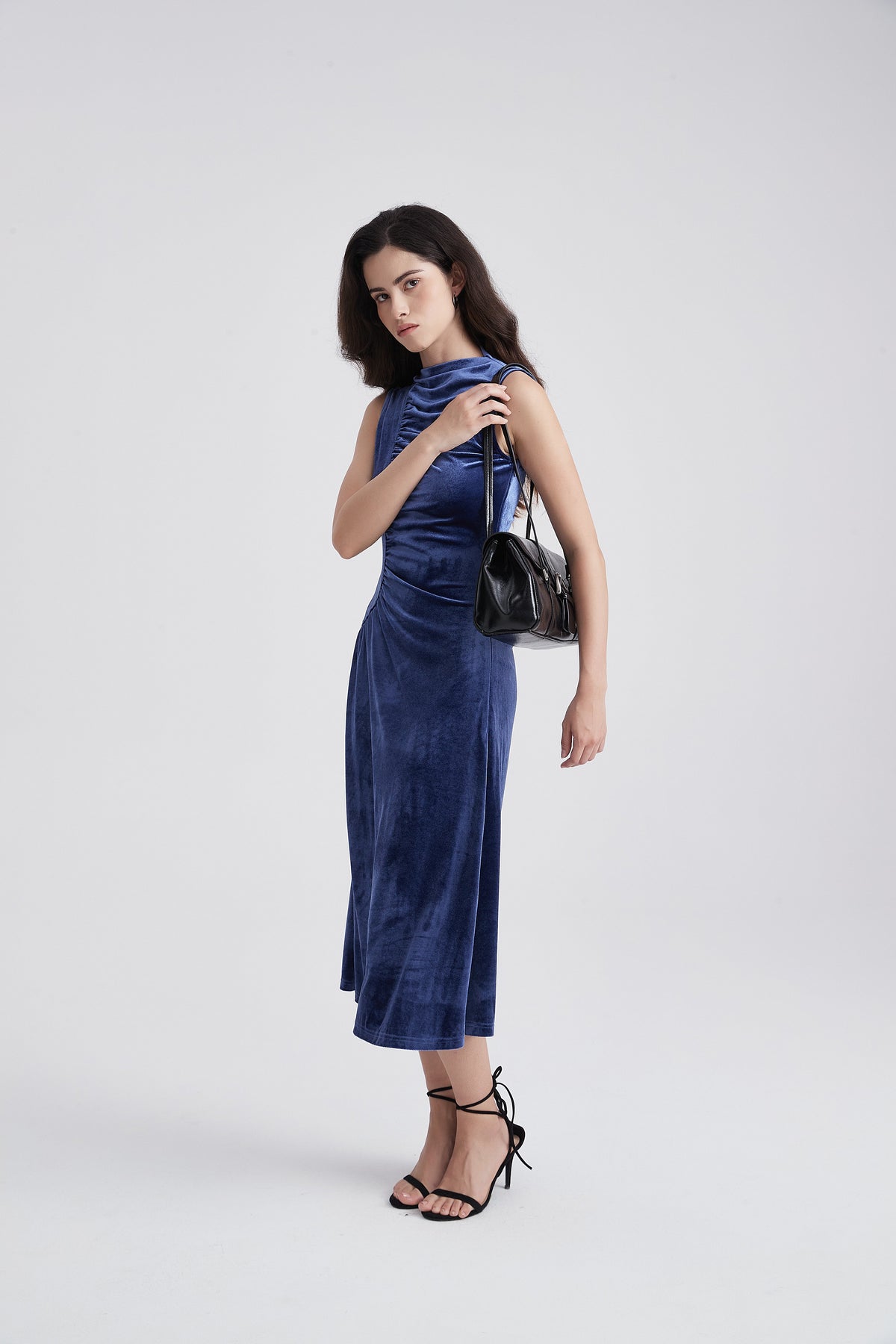 Sleeveless Velvet Midi Dress with High Neck