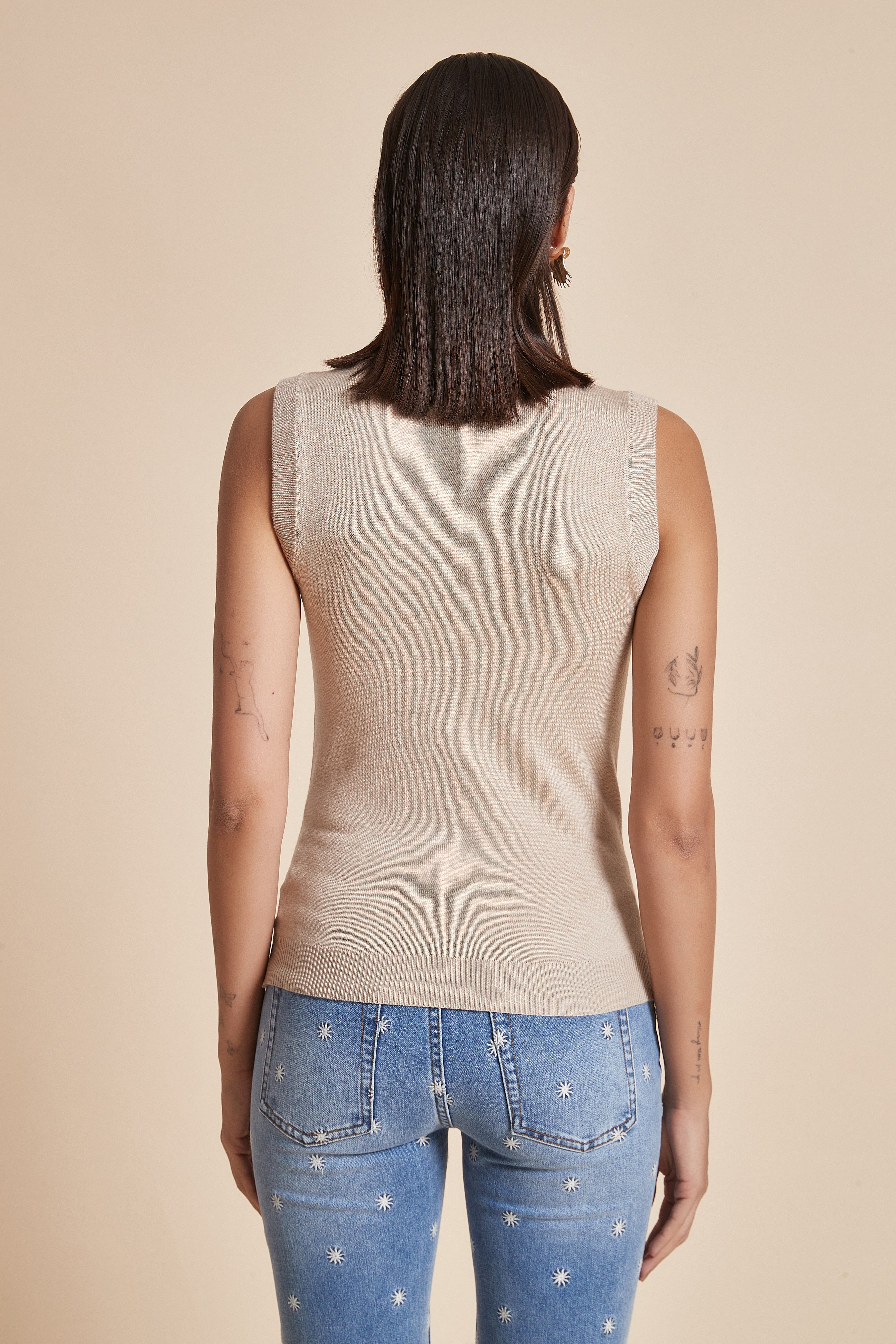Plain Ribbed High-Neck Blouse With Half Sleeves