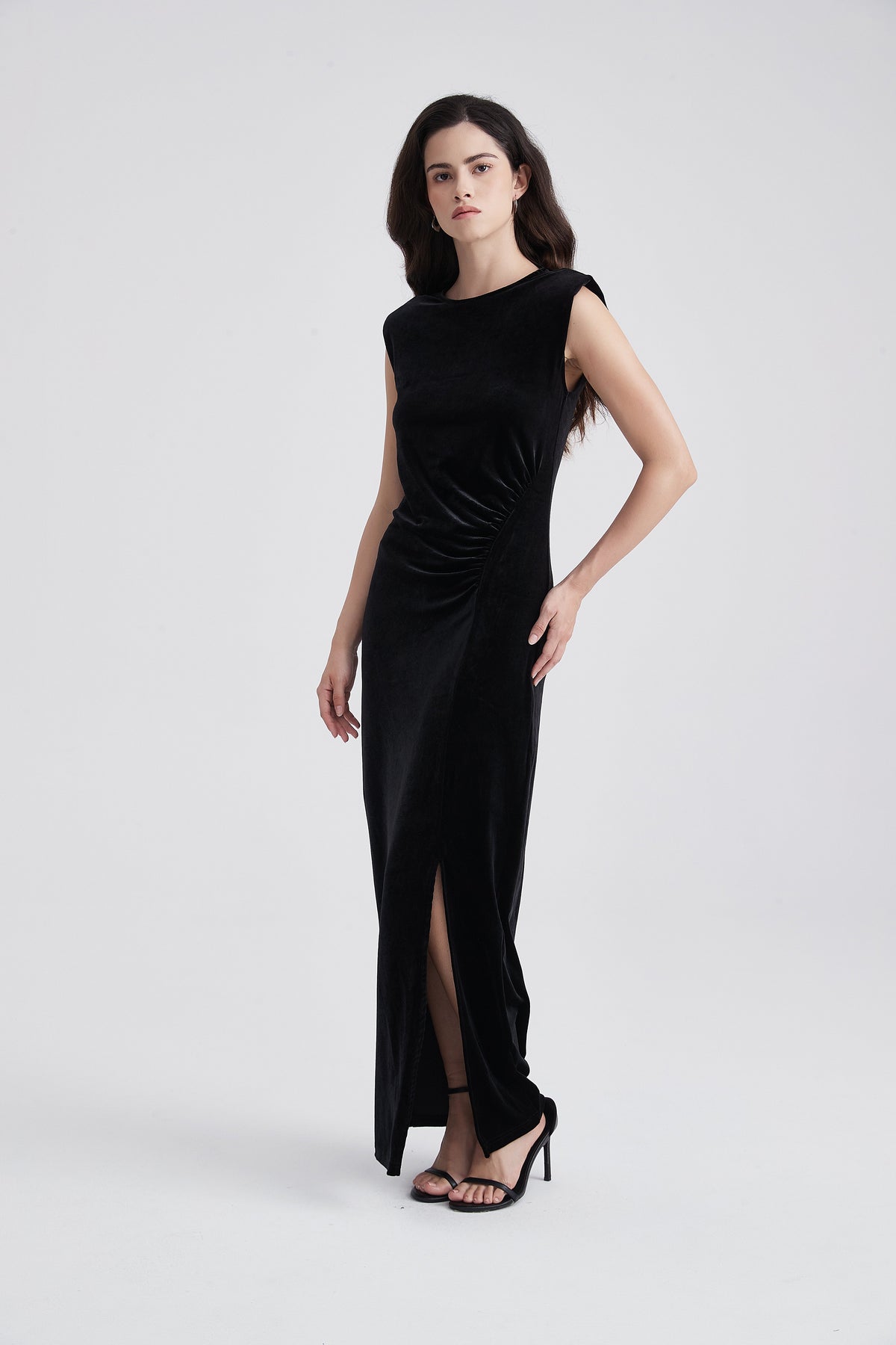 Sleeveless Velvet Maxi Dress with Front Slit