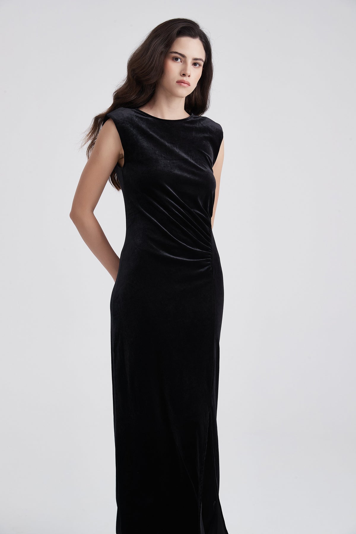 Sleeveless Velvet Maxi Dress with Front Slit