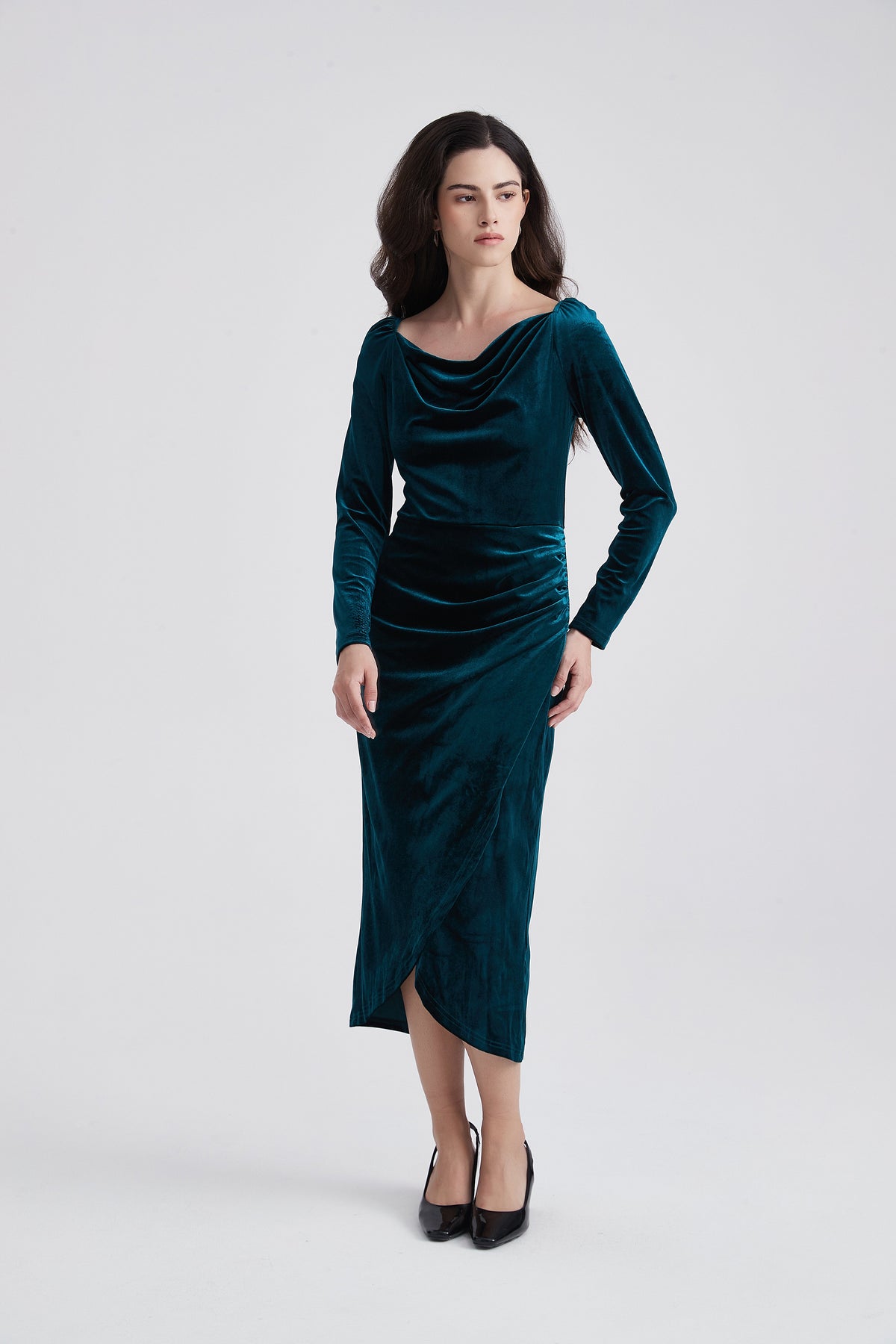 Long-Sleeve Velvet Midi Dress with Draped Neckline