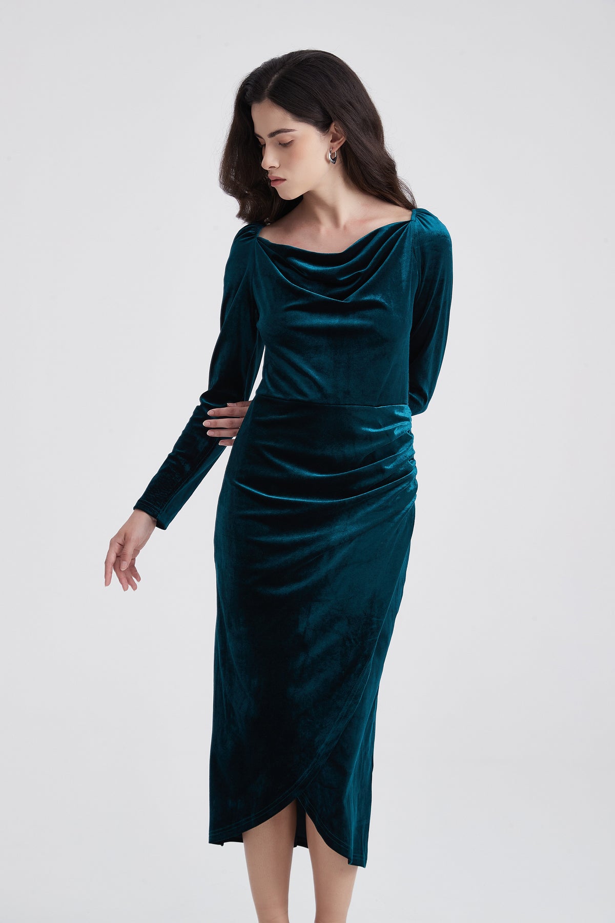 Long-Sleeve Velvet Midi Dress with Draped Neckline