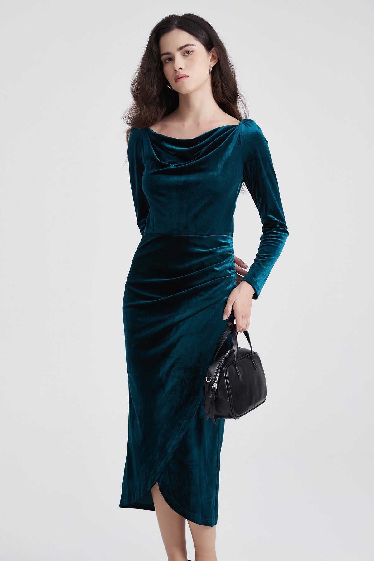 Long-Sleeve Velvet Midi Dress with Draped Neckline