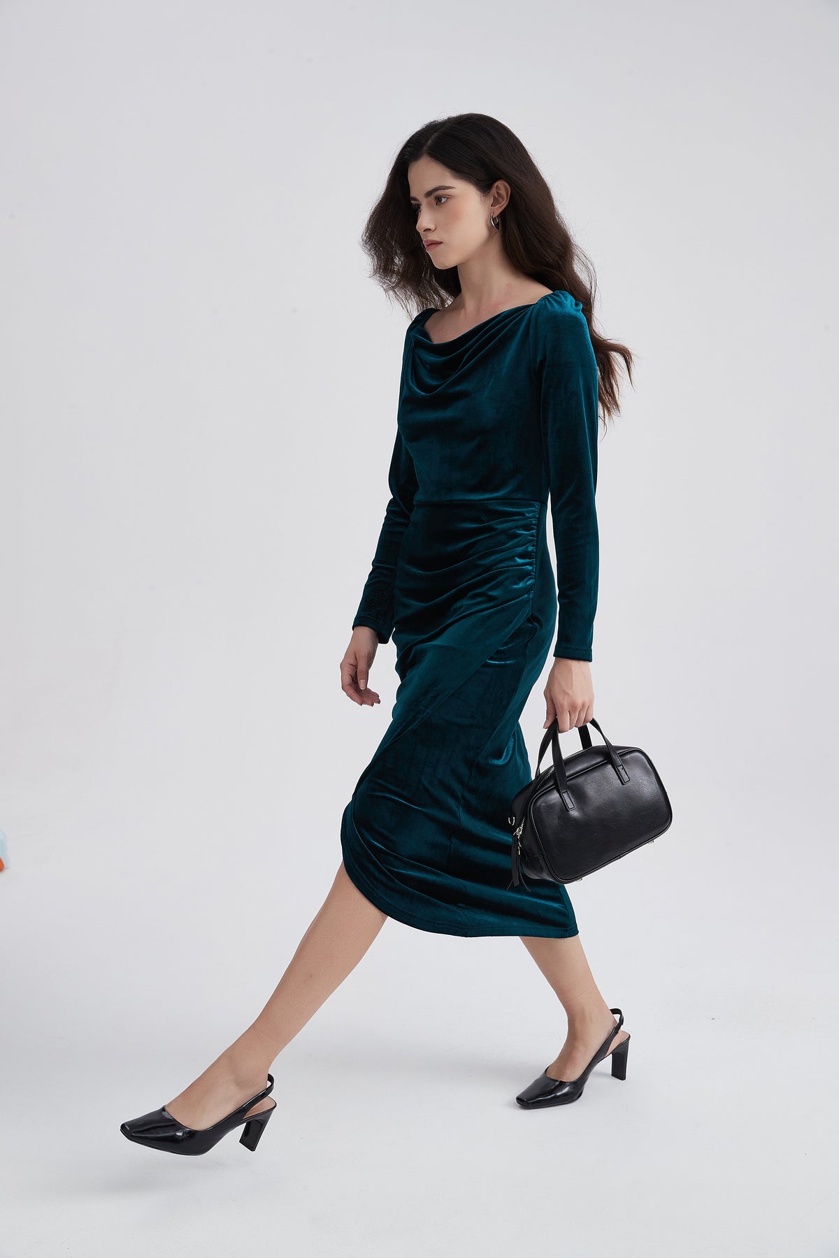 Long-Sleeve Velvet Midi Dress with Draped Neckline