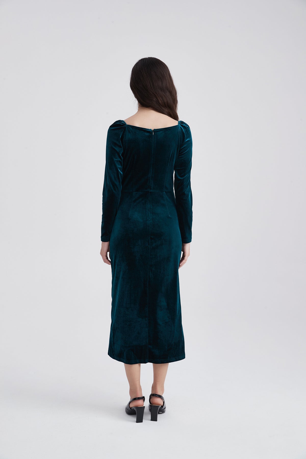 Long-Sleeve Velvet Midi Dress with Draped Neckline