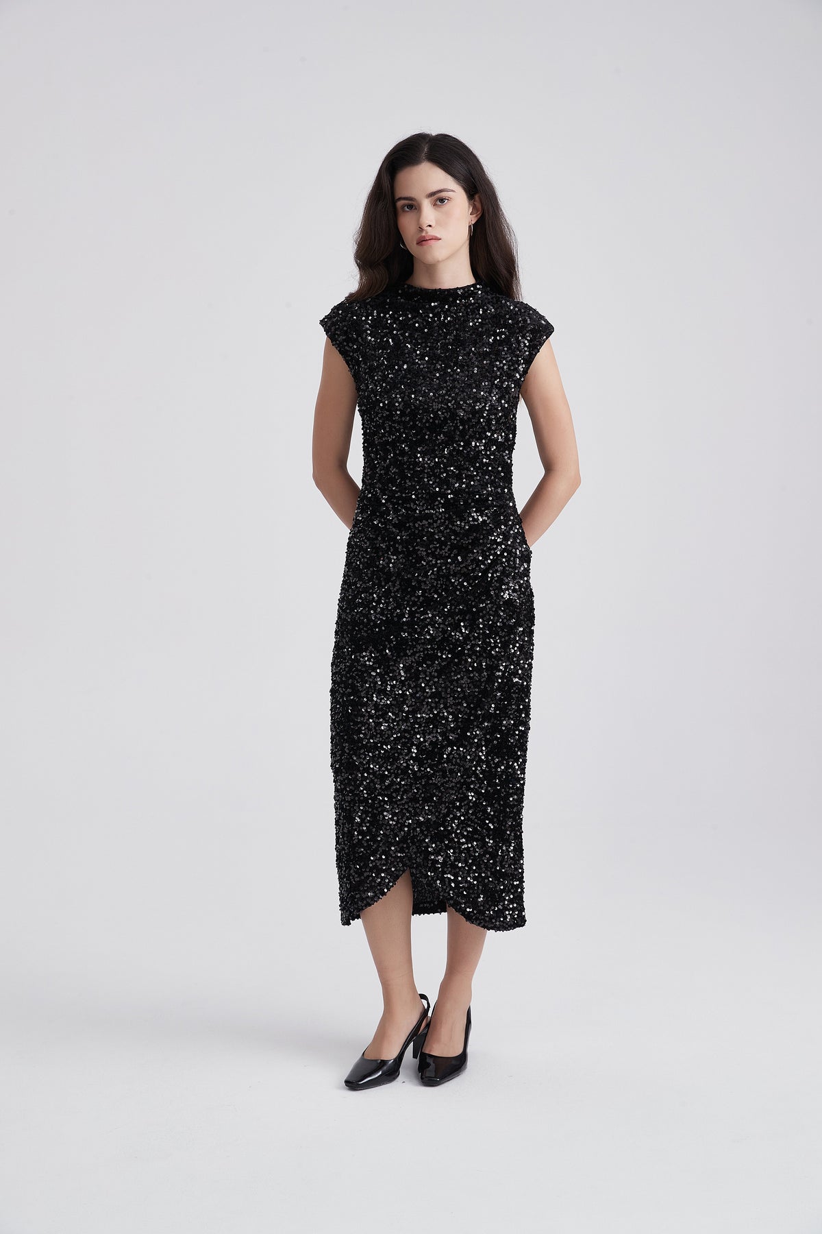 Sleeveless Sequin Midi Dress with High Neck